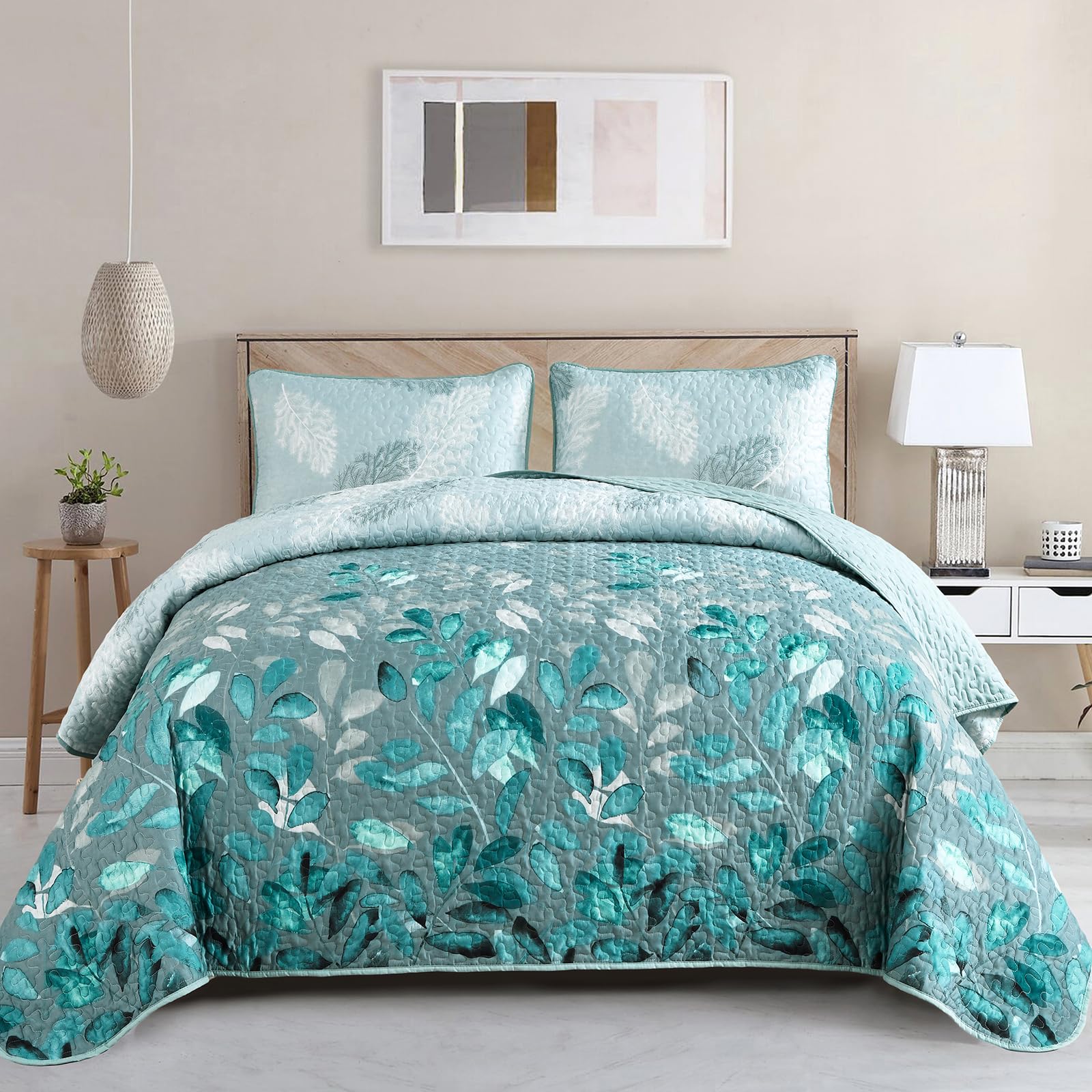 Wongs Bedding Floral Quilt Set Queen Size, 3 Pieces Aqua Botancal Leaves Bedspread Coverlet Set With 2 Pillowcases For All Seaso