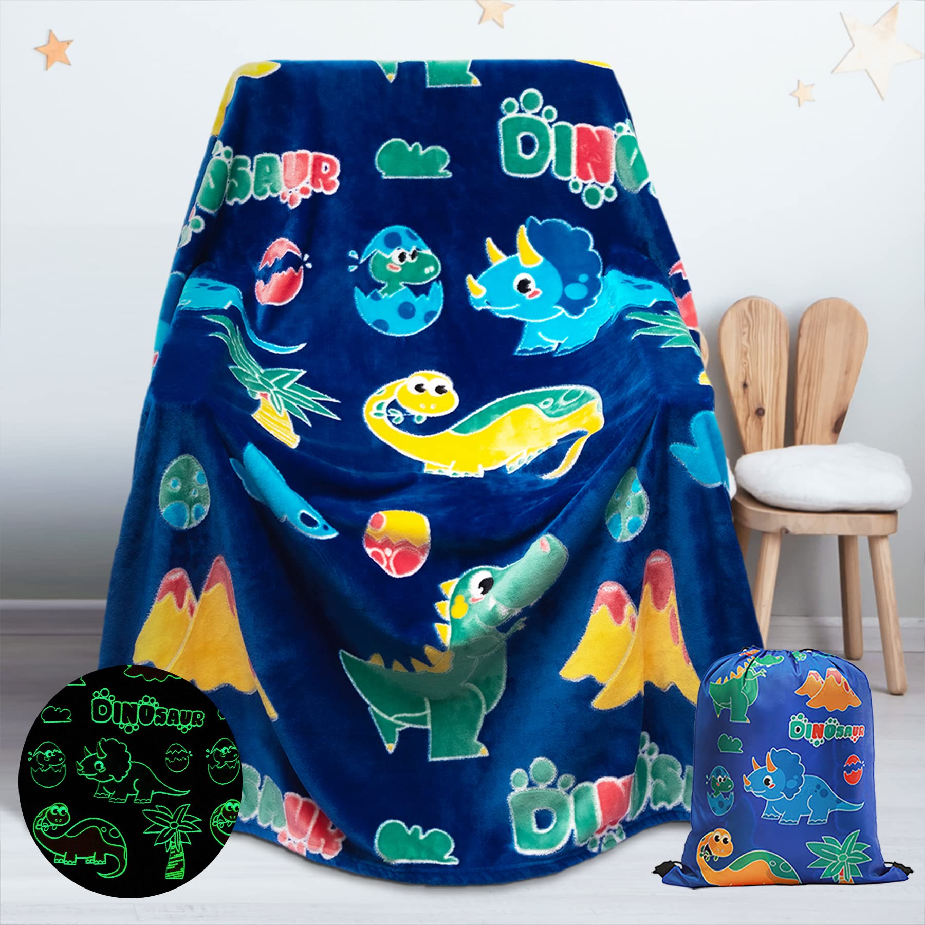 Glow In The Dark Dinosaur Blanket Gifts For 1-10 Year Old Boys Girls ,Dino Soft Kids Blankets,Dino Party Blankets,Luminous Toys