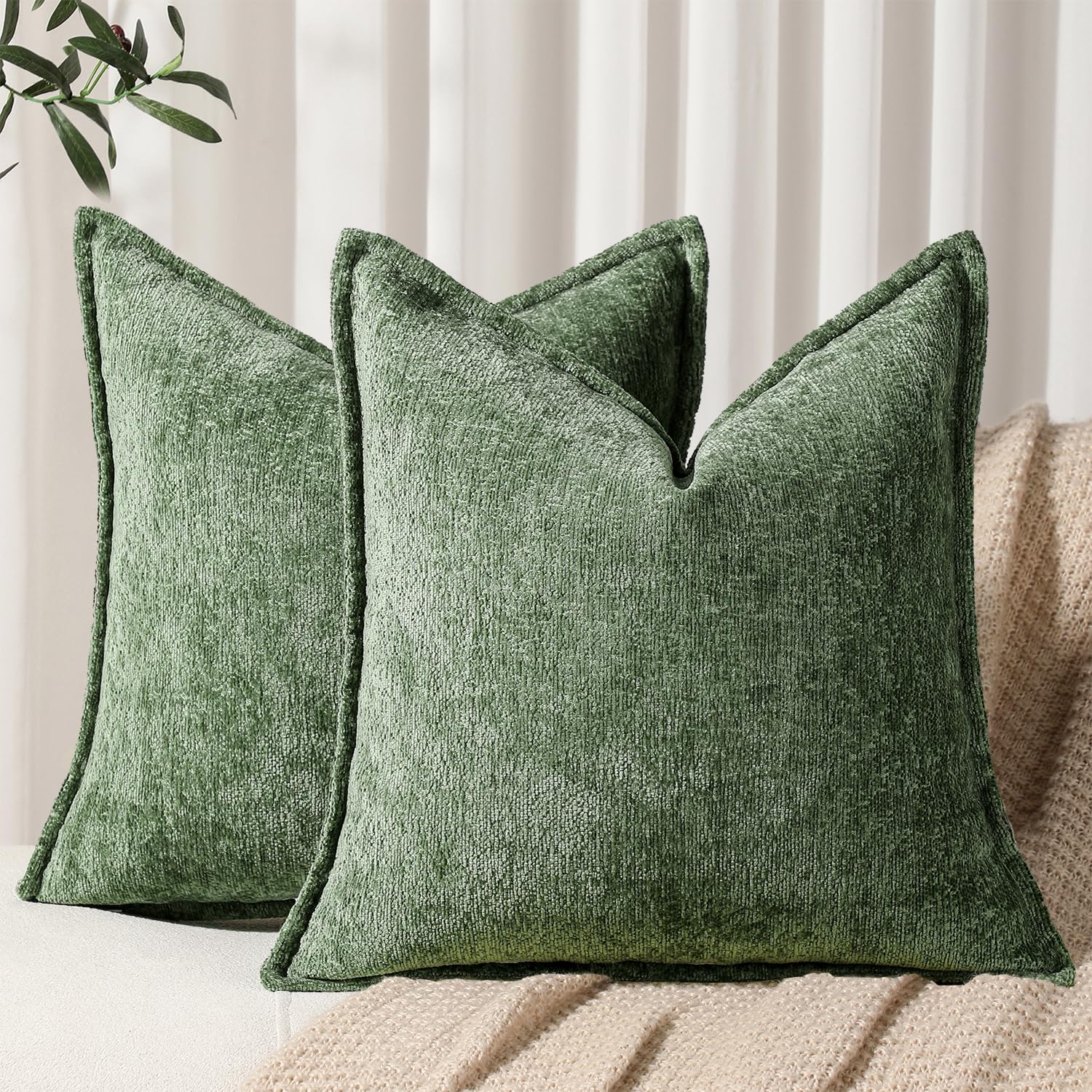 Dezene Pack Of 2 Forest Green Euro Shams Pillow Covers 26X26 Cozy Soft Chenille Decorative Throw Pillow Covers Accent Vintage Sq