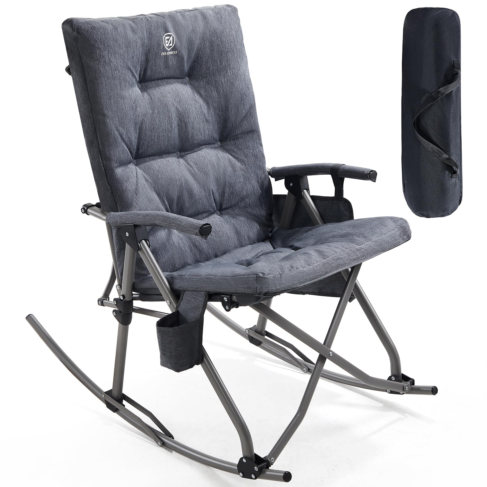 Ever Advanced Oversized Folding Rocking Camping Chair, Padded Portable Rocker Chair For Patio, Lawn And Outdoors, Heavy Duty Hard Armchair For Adults Supports 400Lbs, Grey