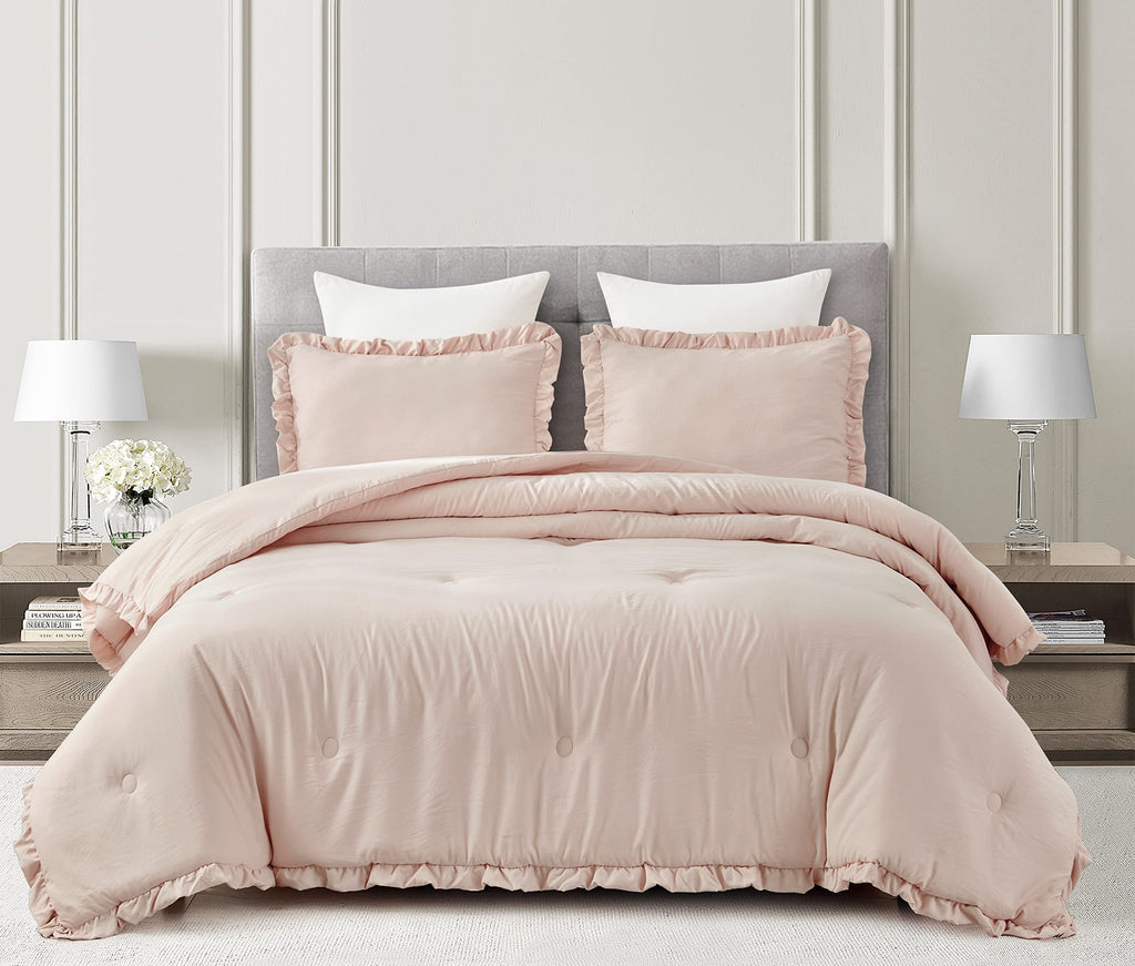 Chezmoi Collection Nora 3-Piece Ruffled Edge Trim Soft Washed Microfiber Comforter Set (Oversized King, Blush)