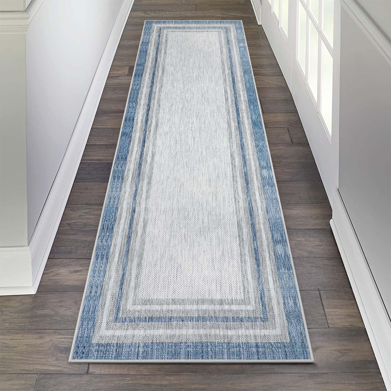 Beeiva Bordered Long Hallway Runner Rug, 2x8 Blue Modern Kitchen Runner Rugs Non Skid Washable, Printed Rug Runners for Hallways