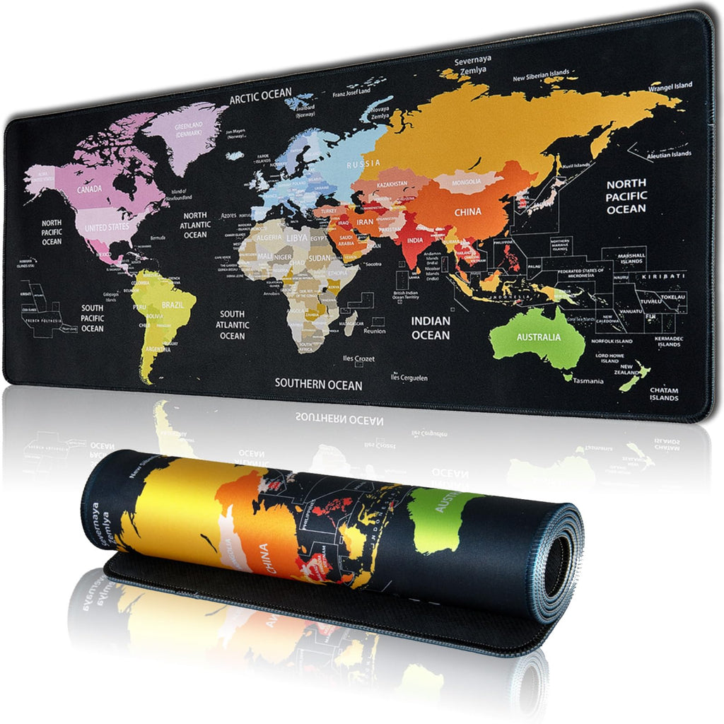 Hopipad World Map Large Gaming Mouse Pad For Desk, Desk Mat With Seamed Edges, Waterproof Desk Pad, Non-Slip Rubber Base, 31.5X1