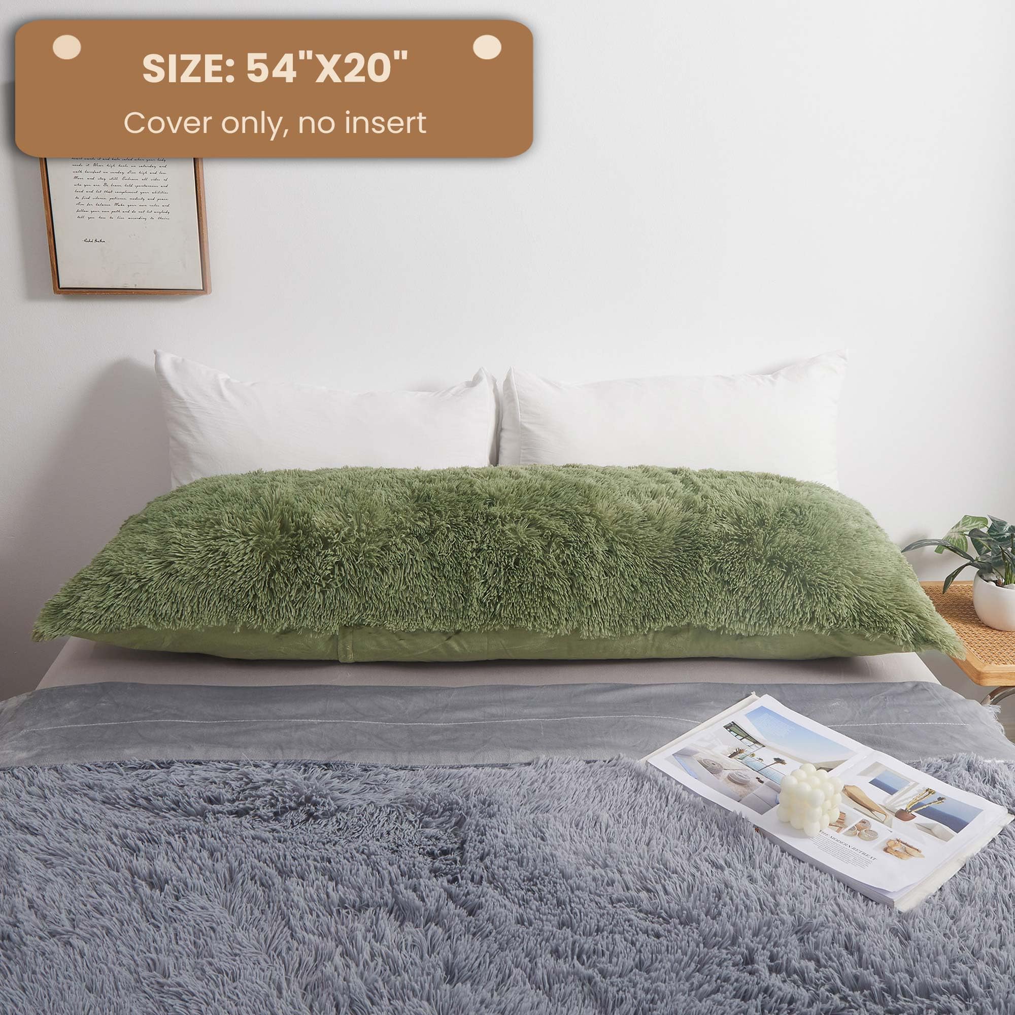 Mego Fluffy Body Pillow Cover, 20X54 Shaggy Faux Fur Body Pillow Case, Green Comfy Plush Fuzzy Body Pillowcase, Furry Long Throw
