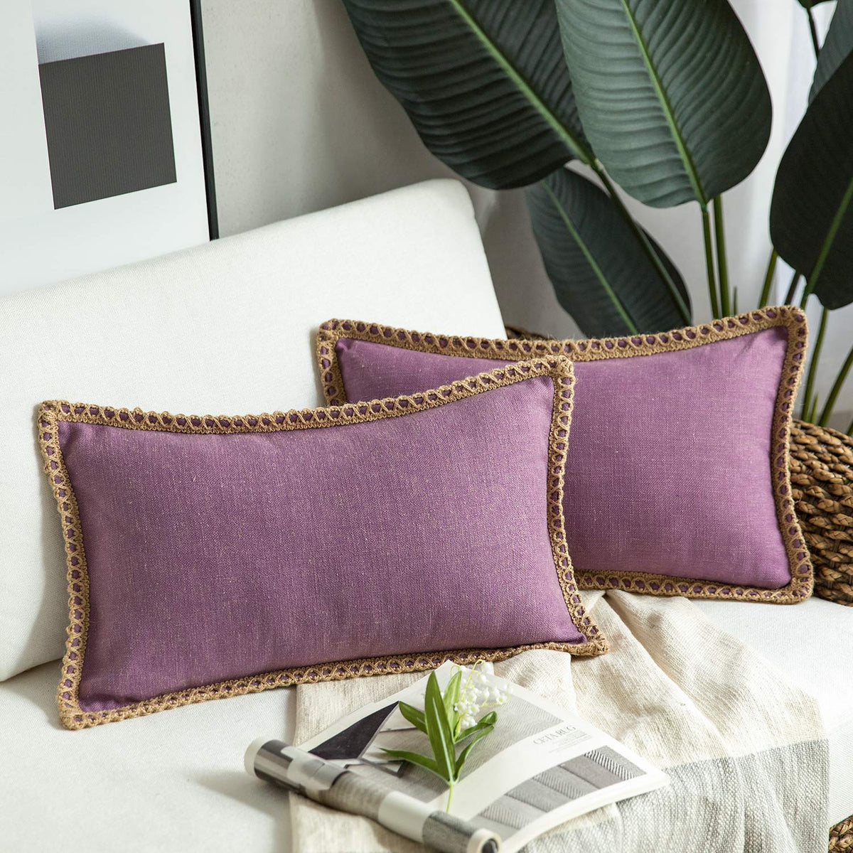 Phantoscope Pack Of 2 Farmhouse Decorative Solid Throw Decorative Pillow Cover Burlap Linen Trimmed Tailored Edges Purple 12 X 2