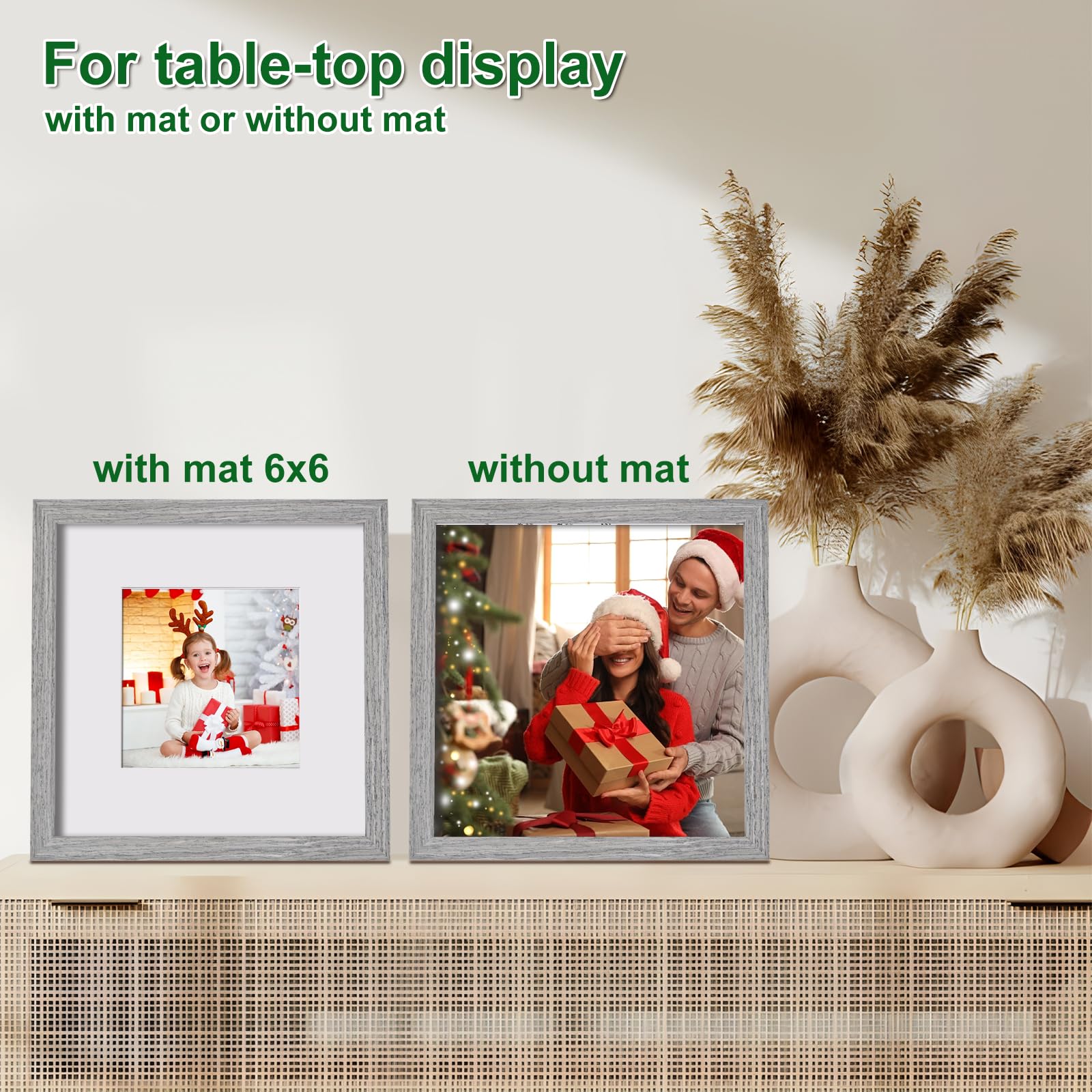 Kinlink Square 10X10 Picture Frames Grey, Solid Wood Frames With Acrylic Plexiglass For Pictures 6X6 With Mat Tabletop And Wall