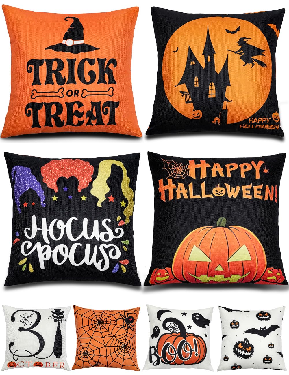 Halloween Decorations Double-Side Printing Pillow Covers 18'' X 18'' Set Of 4, With 8 Cute Halloween Decor Patterns, Elegant Inv