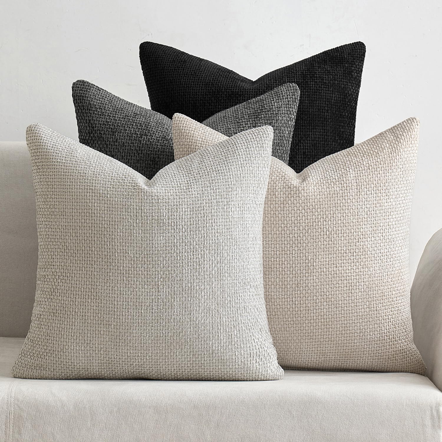 Miulee Pack Of 4 Couch Throw Pillow Covers 18X18 Inch Neutral Cream/Grey Soft Decorative Chenille Pillow Covers Farmhouse Cushio