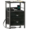 Furologee Nightstand with Charging Station, Black Night Stand with 2 Fabric Drawers, Side Table with USB Ports, End Table with S