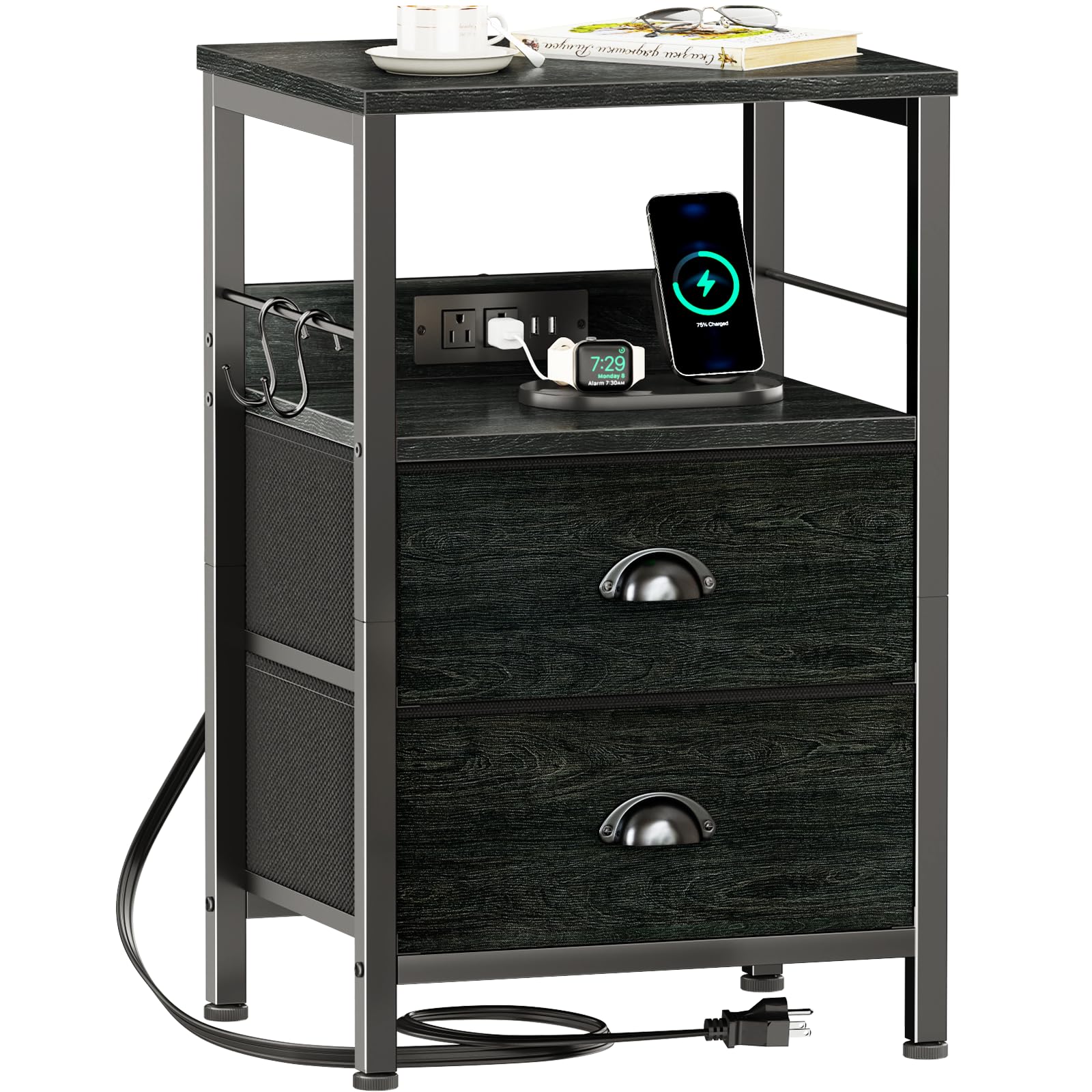 Furologee Nightstand with Charging Station, Black Night Stand with 2 Fabric Drawers, Side Table with USB Ports, End Table with S