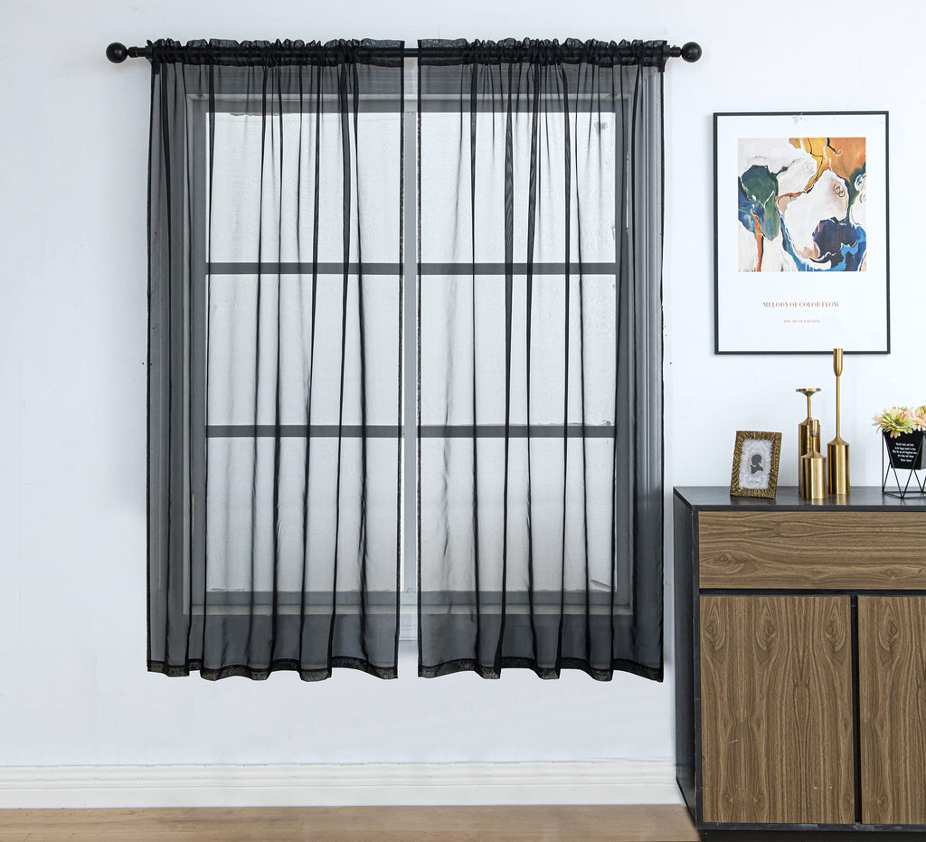 Pi Sheer Black Curtains 63 Inches Long,Soft Voile Window Treatment For Bedroom/Living Room Rod Pocket 2 Panels (Black,W52Xl63)