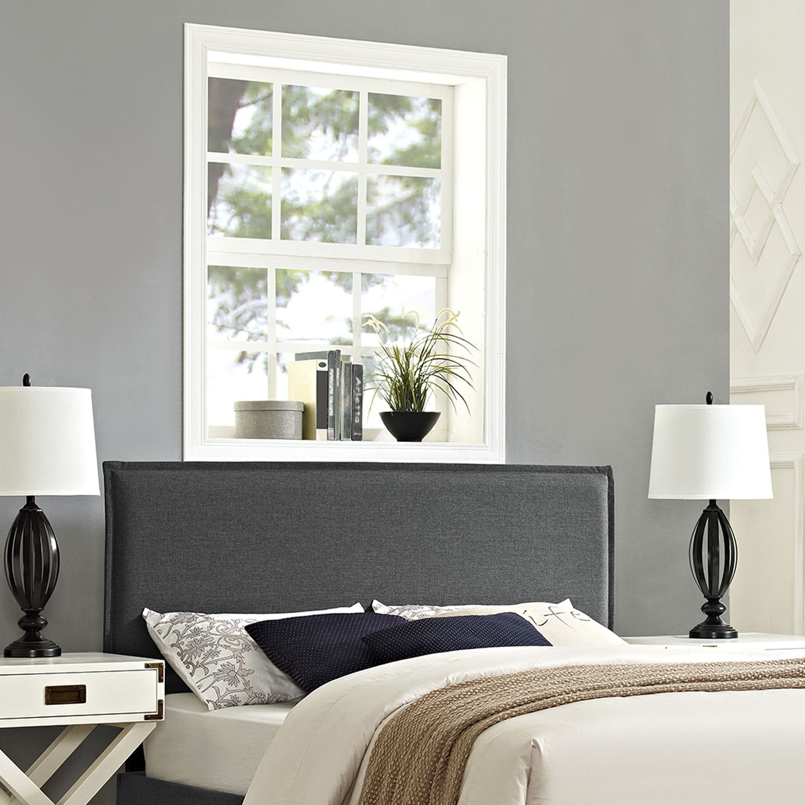 CasaFoyer  Camille Fabric Upholstered Full Headboard | French Seam Upholstery | Soft Linen Fabric | Solid Wood Frame | Adjustable Legs | Dense Foam Padding | Suitable for Full Beds | Gray