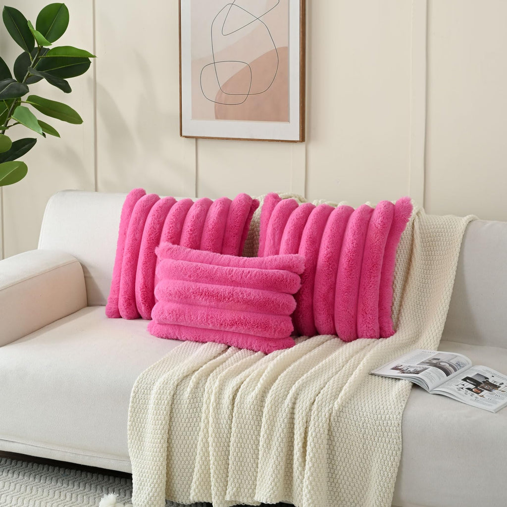Futei Hot Pink Decorative Throw Pillow Covers 22X22 Inch Set Of 2, Square Soft Faux Rabbit Fur Big Striped Cushion Cover,Home De