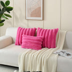 Futei Hot Pink Decorative Throw Pillow Covers 22X22 Inch Set Of 2, Square Soft Faux Rabbit Fur Big Striped Cushion Cover,Home De