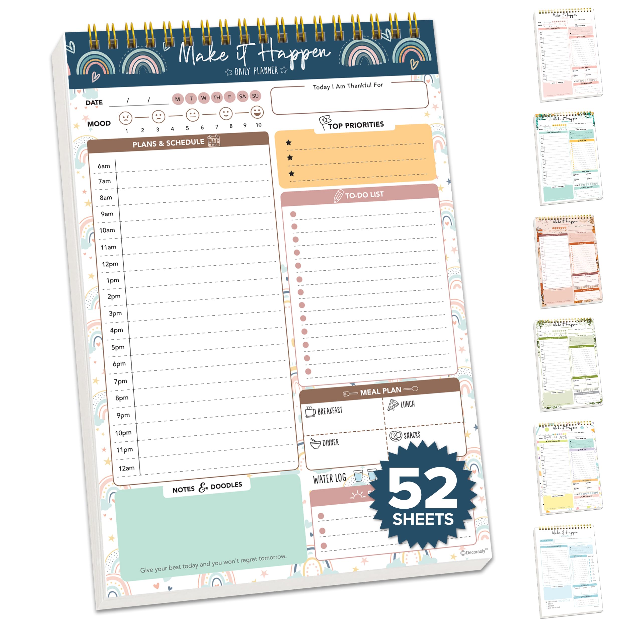 Decorably Daily Planner Pad Detailed - 52 Sheets Daily To Do List Notepad, 6.5X10' Spring-Bound Hourly Daily Plan Notepad, My D