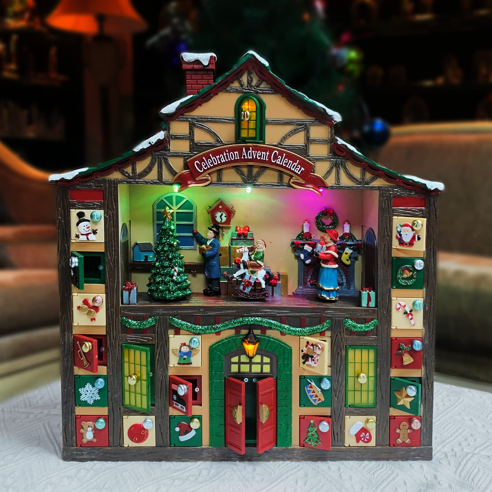 Christmas Decor Animated Advent Calendar House, Christmas Tabletop Decor with LED Lights and Christmas Music - Power Adapter (in