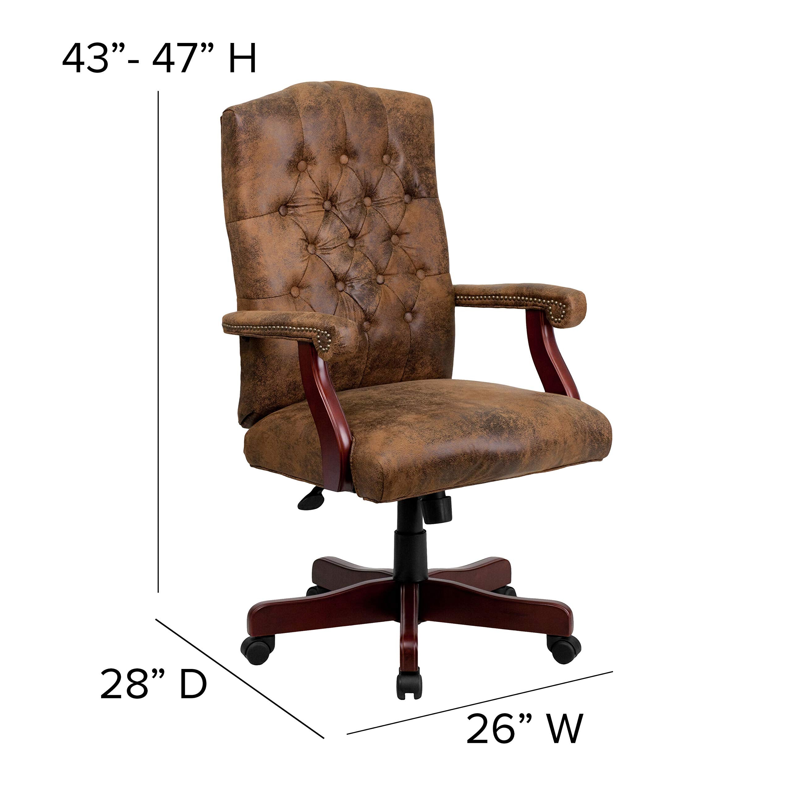 Flash Furniture Derrick Traditional Microfiber Tufted Swivel Office Chair with Wood Base, Ergonomic Farmhouse High-Back Desk Chair, Bomber Brown