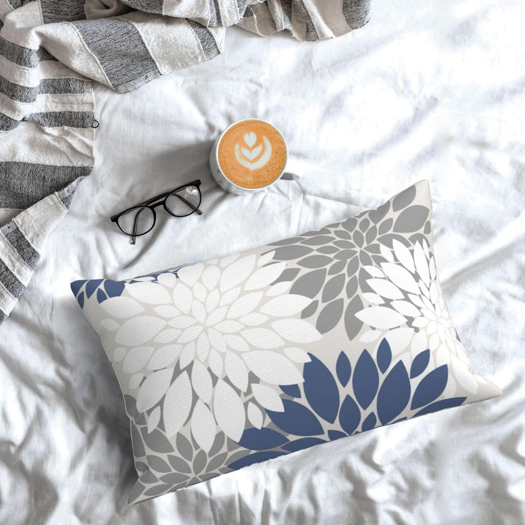 Cxmeifly Navy Blue White Grey Pillow Covers 12X20 Inch Set Of 2 Dahlia Floral Decor Throw Pillows Summer Modern Geometry Flower