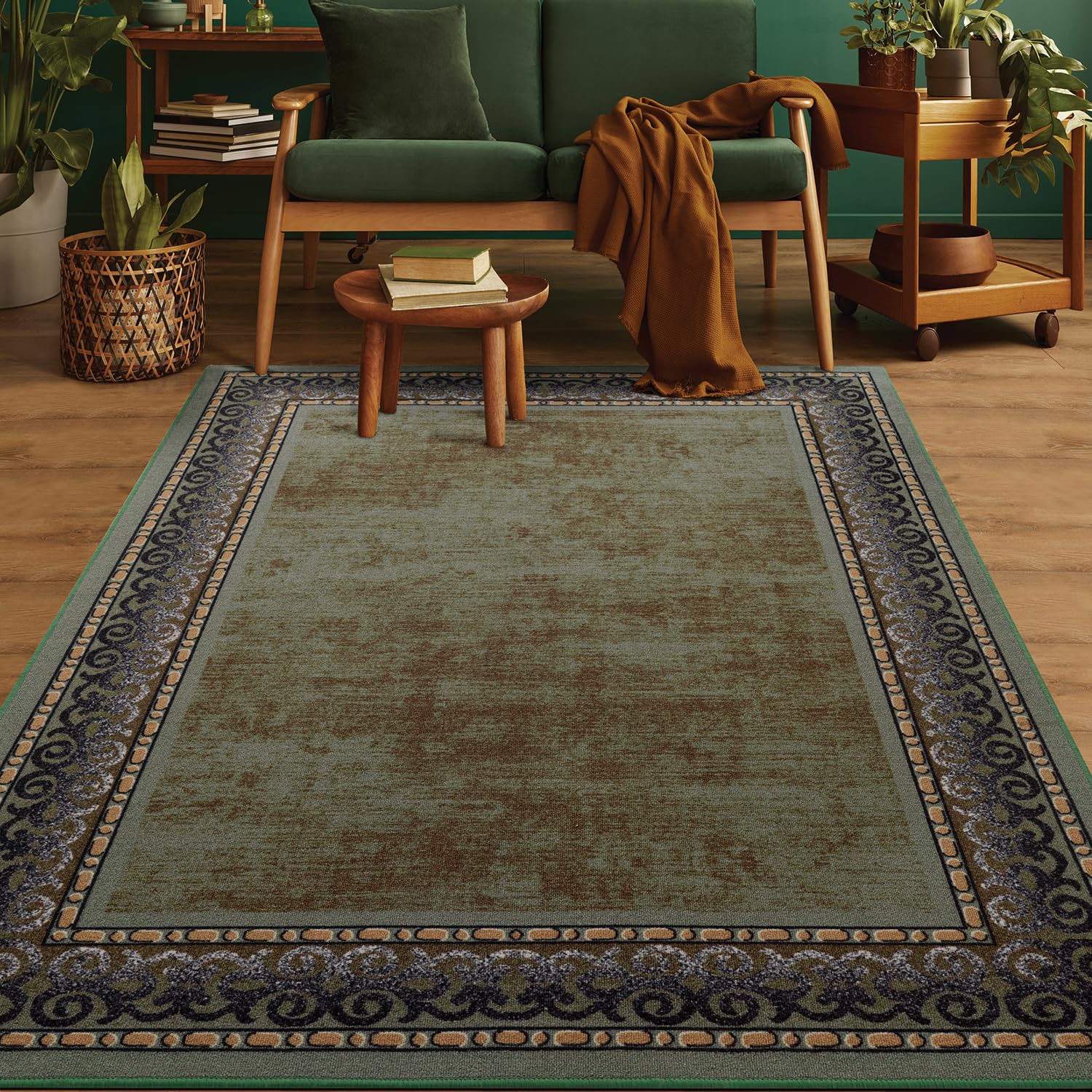 Antep Rugs Alfombras Bordered Modern 5x7 Non-Slip (Non-Skid) Low Pile Rubber Backing Indoor Area Rug (Green, 5 x 7)