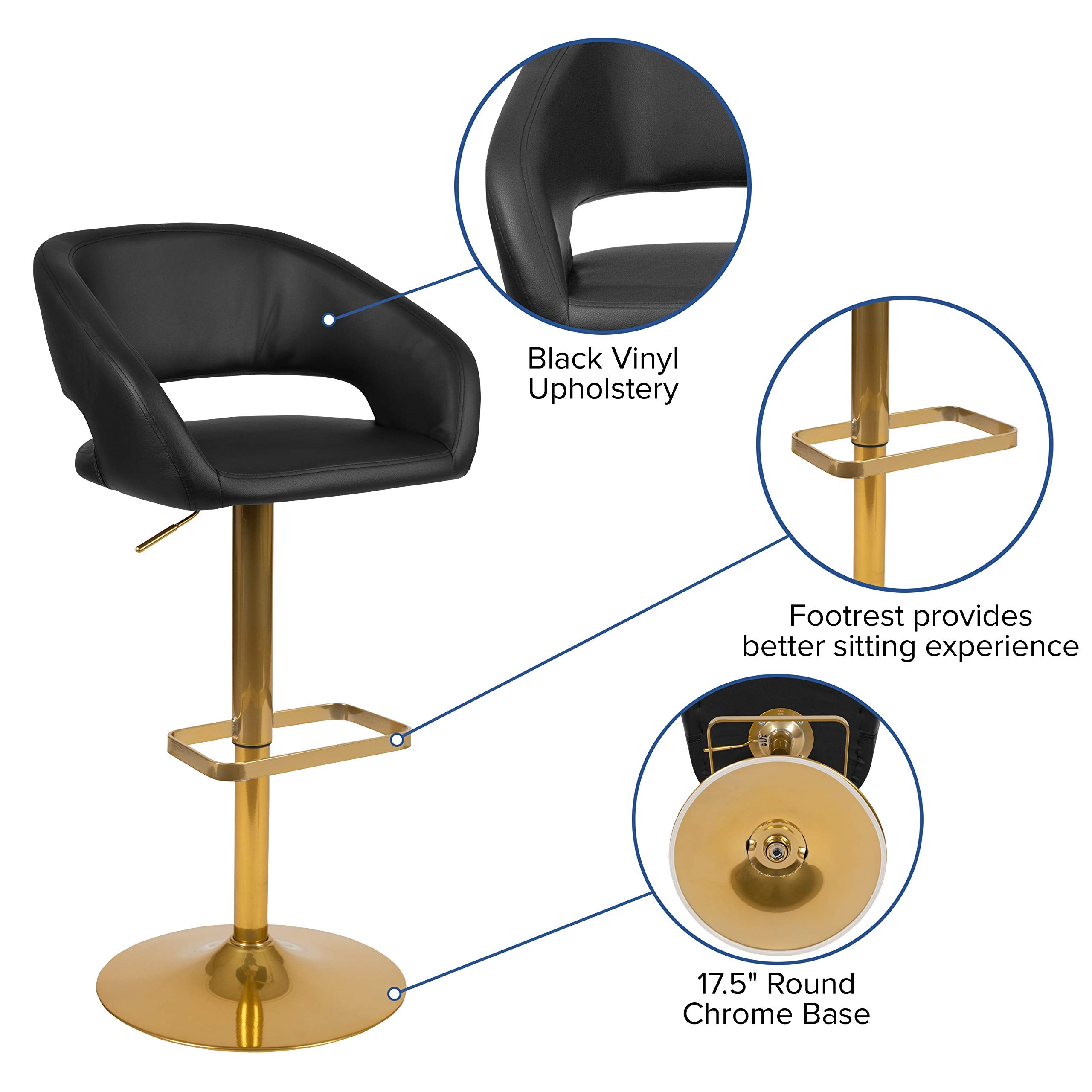Flash Furniture Erik Contemporary Adjustable Height Barstool With Footrest And Rounded Mid-Back, Upholstered Bar Or Counter Height Stool, Black/Gold
