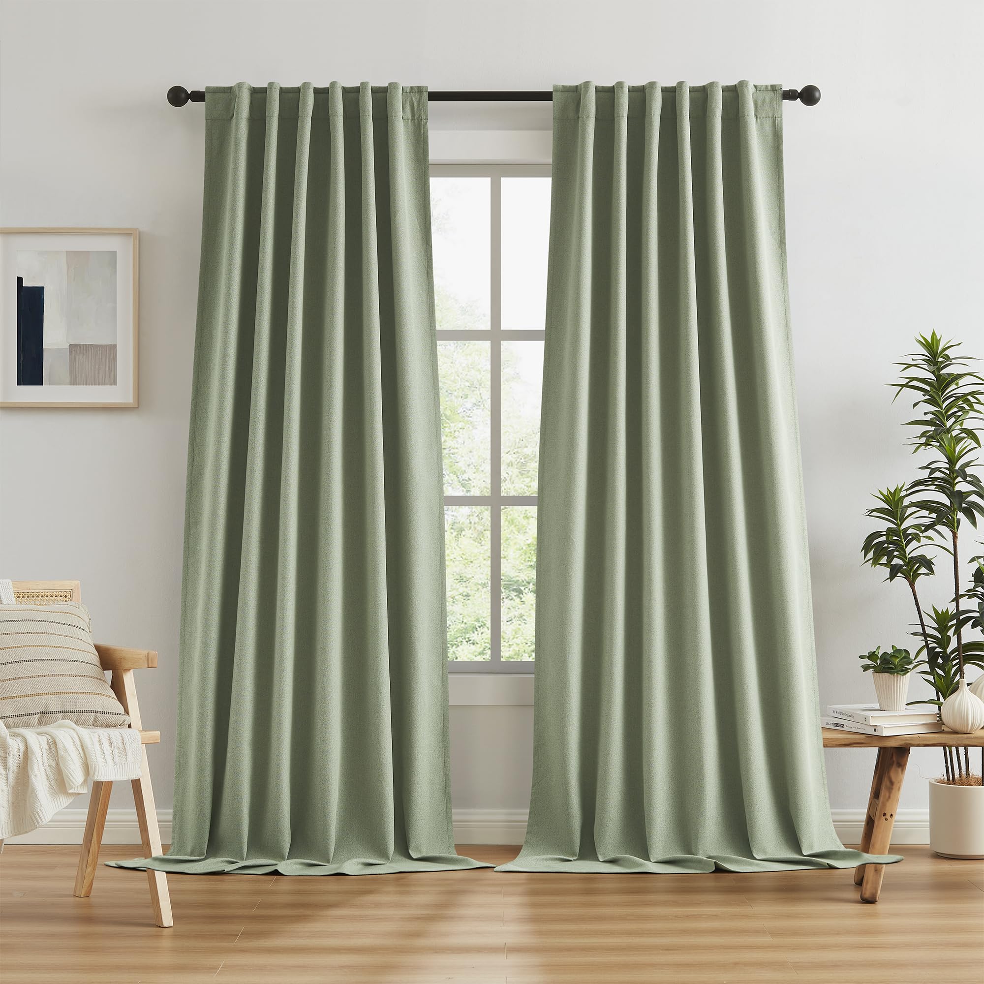 KEQIAOSUOCAI Blackout Linen Curtains 108 Inches Long, Back Tab Loop Pocket Hook Belt Long Vertical Drapes for Living Room Large 