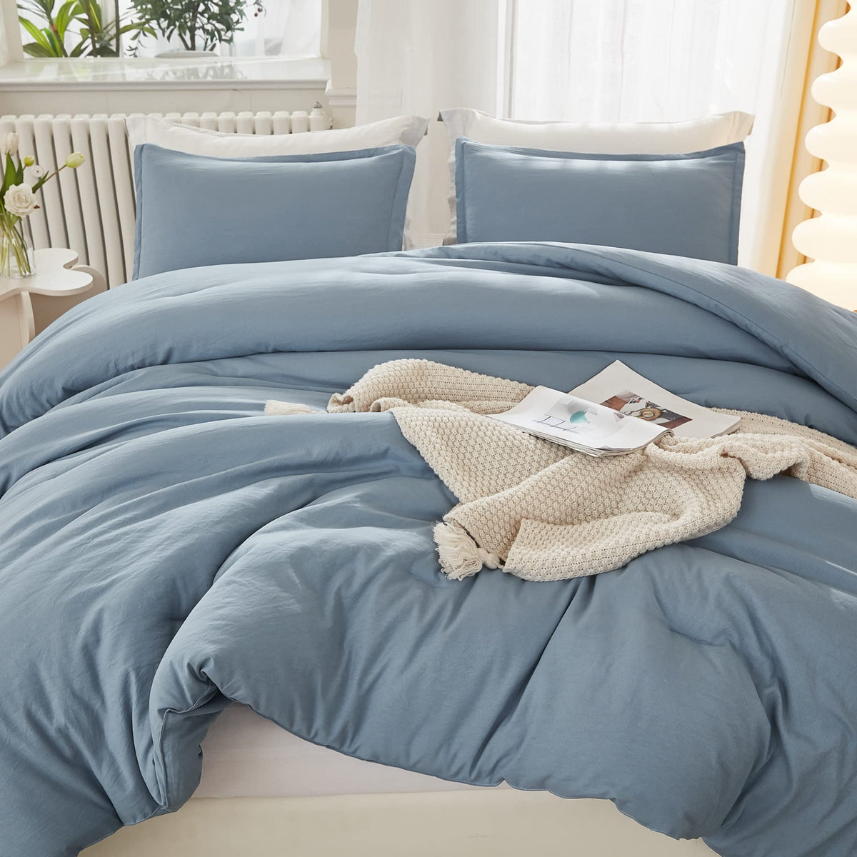 Litanika Comforters Grayish Blue Oversized Queen Size, 3 Pieces Lightweight Solid Bedding Comforter Set, All Season Fluffy Bed S