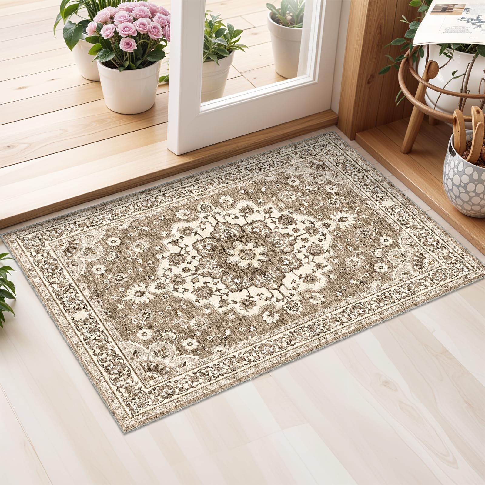 Washable Oriental Area Rug - 2x3 Rugs for Living Room Soft Carpet for Bedroom Waterproof Floral Distressed Indoor Stain Resistan
