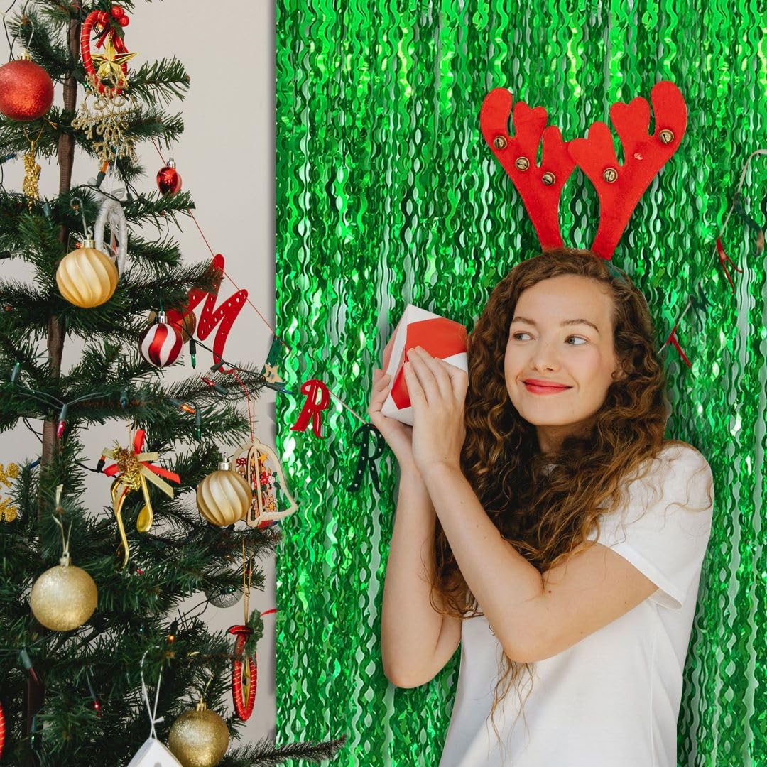Backdrop For Party Decorations, Wave Foil Fringe Curtain Tinsel Photo Backdrop Green Tinsel Curtain Party Backdrop Streamers For