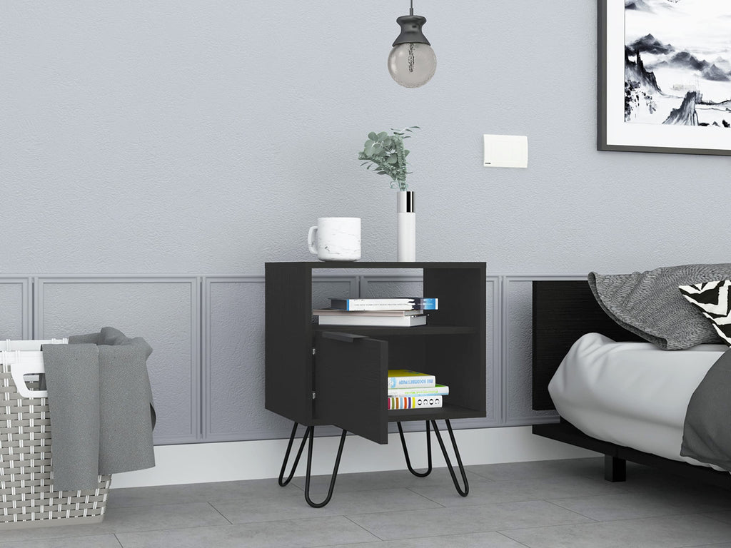 Nightstand 22&Quot; H, 1 Open Shelf, Single Door Cabient, Hairpin Legs, Black