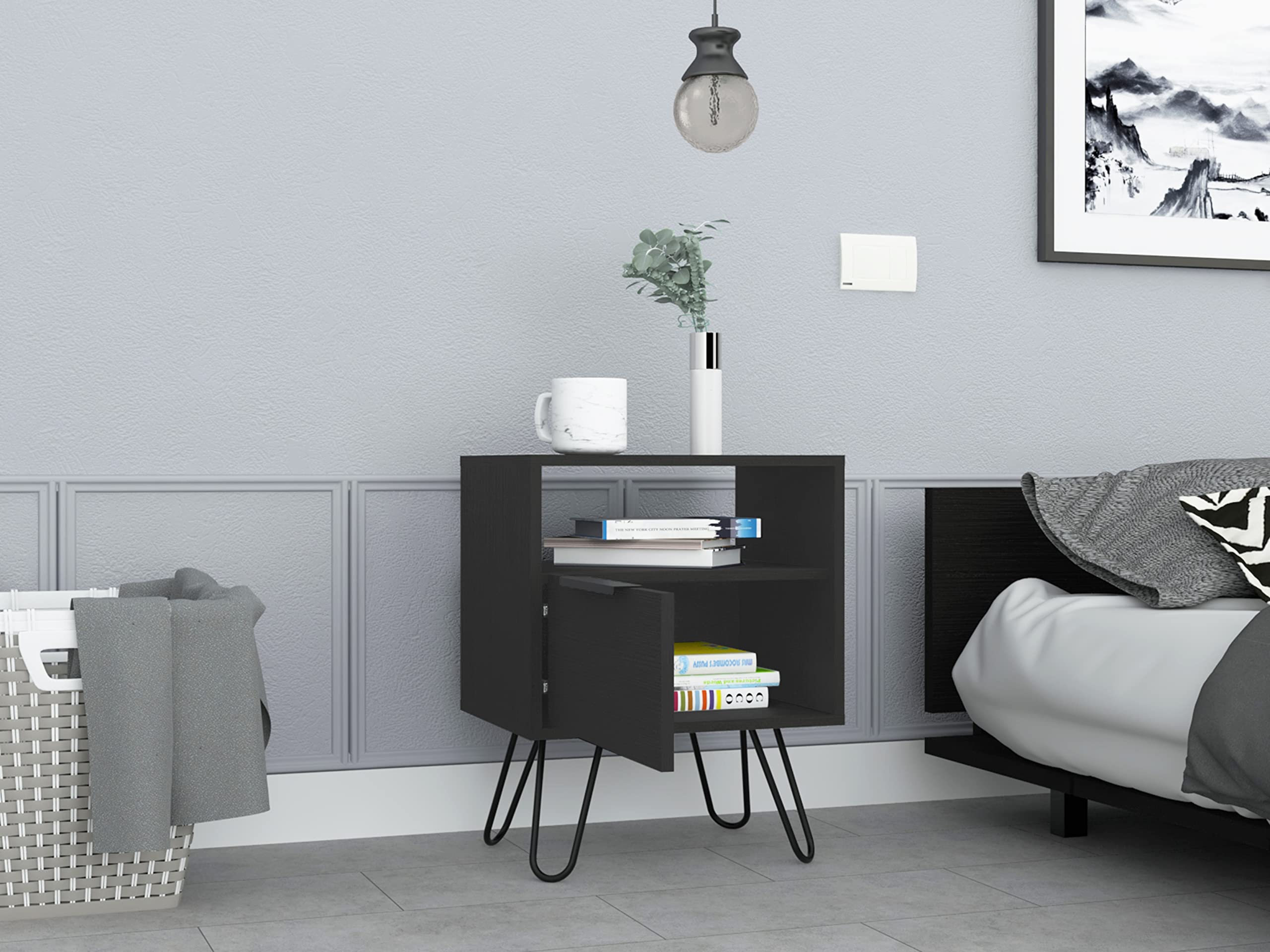 Nightstand 22&Quot; H, 1 Open Shelf, Single Door Cabient, Hairpin Legs, Black