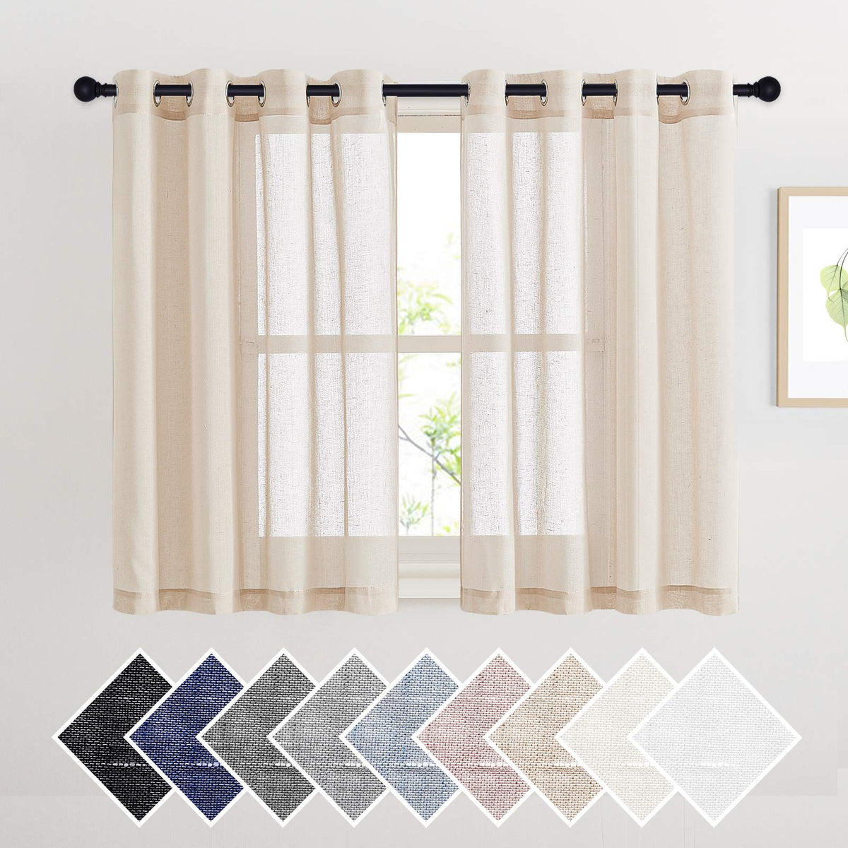 Nicetown Short Linen Curtains Semi Sheer 45' L For Bedroom, Grommet Natural Open Weave Vertical Flax Small Window Panels Privac