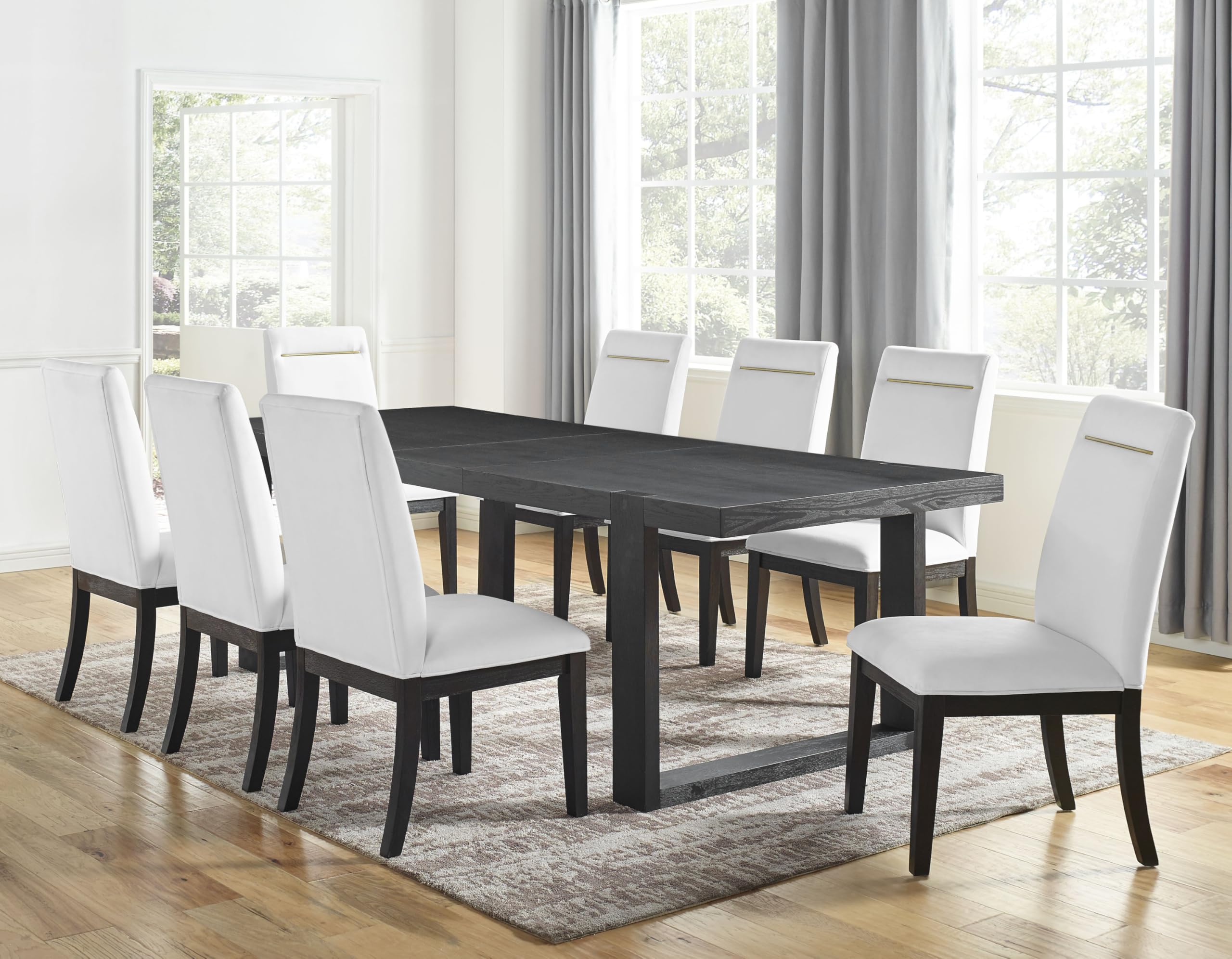 Steve Silver Furniture Yves 9pc Dining Table Set, 77-95" Table w/ 8 Performance Side Chairs, Contemporary Design, Dining Room, Asian Hardwood Solids, 77" L x 40" W x 30" H, Black, White