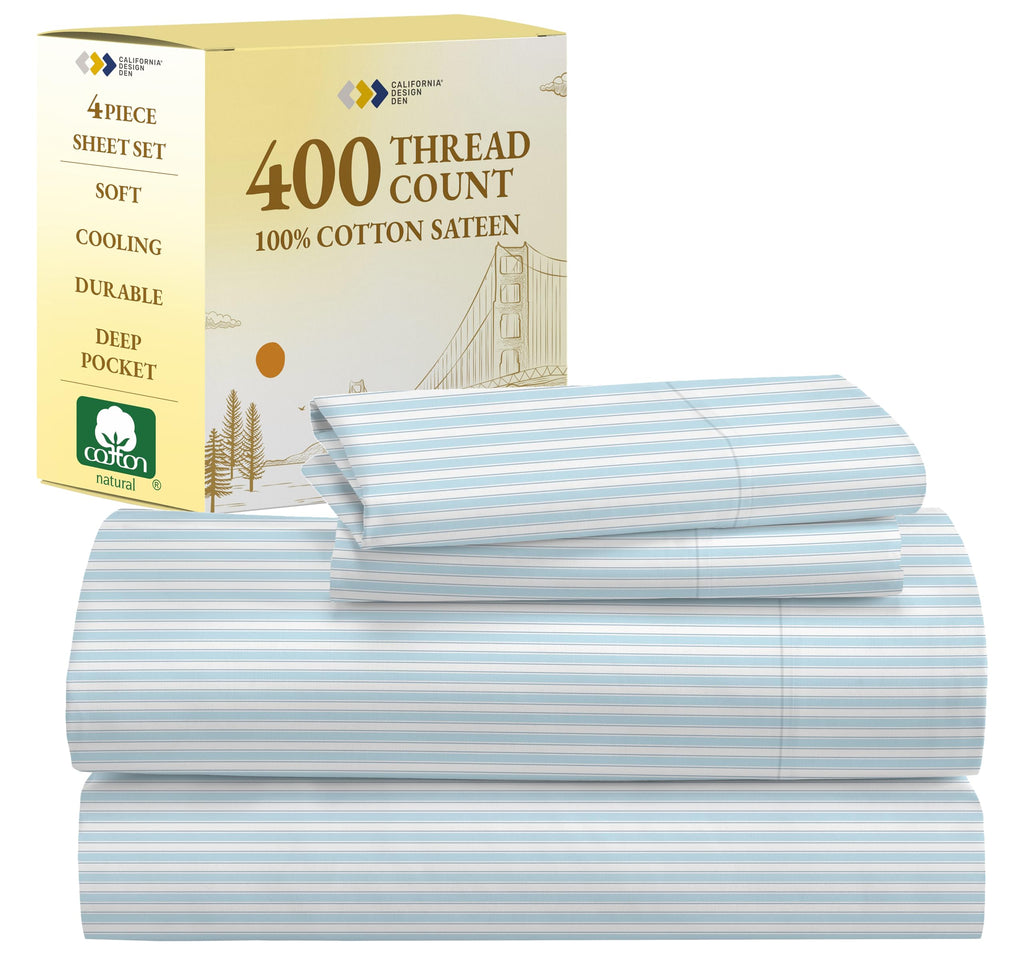 California Design Den Striped Bed Sheets Full Size - 100% Cotton Sheets Set, Luxury 400 Thread Count Sateen, Deep Pocket Full Sh