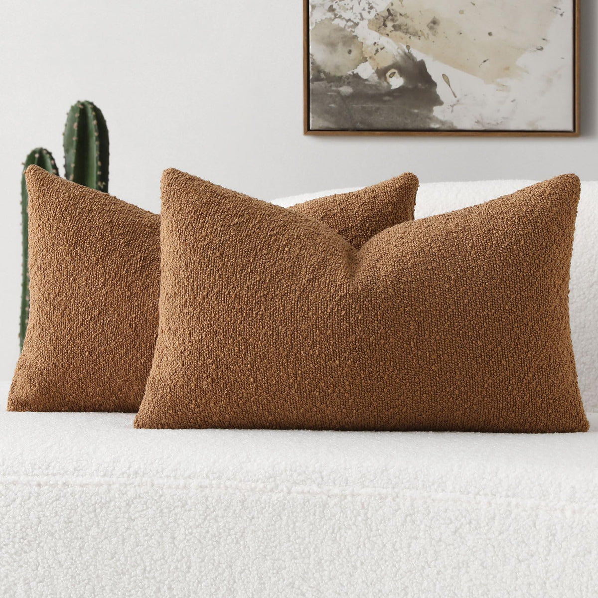 Futei Pack Of 2 Tobacco Boucle Accent Decorative Throw Pillow Covers,26X26 Inch Soft Solid Textured Euro Pillow Shams,Home Decor