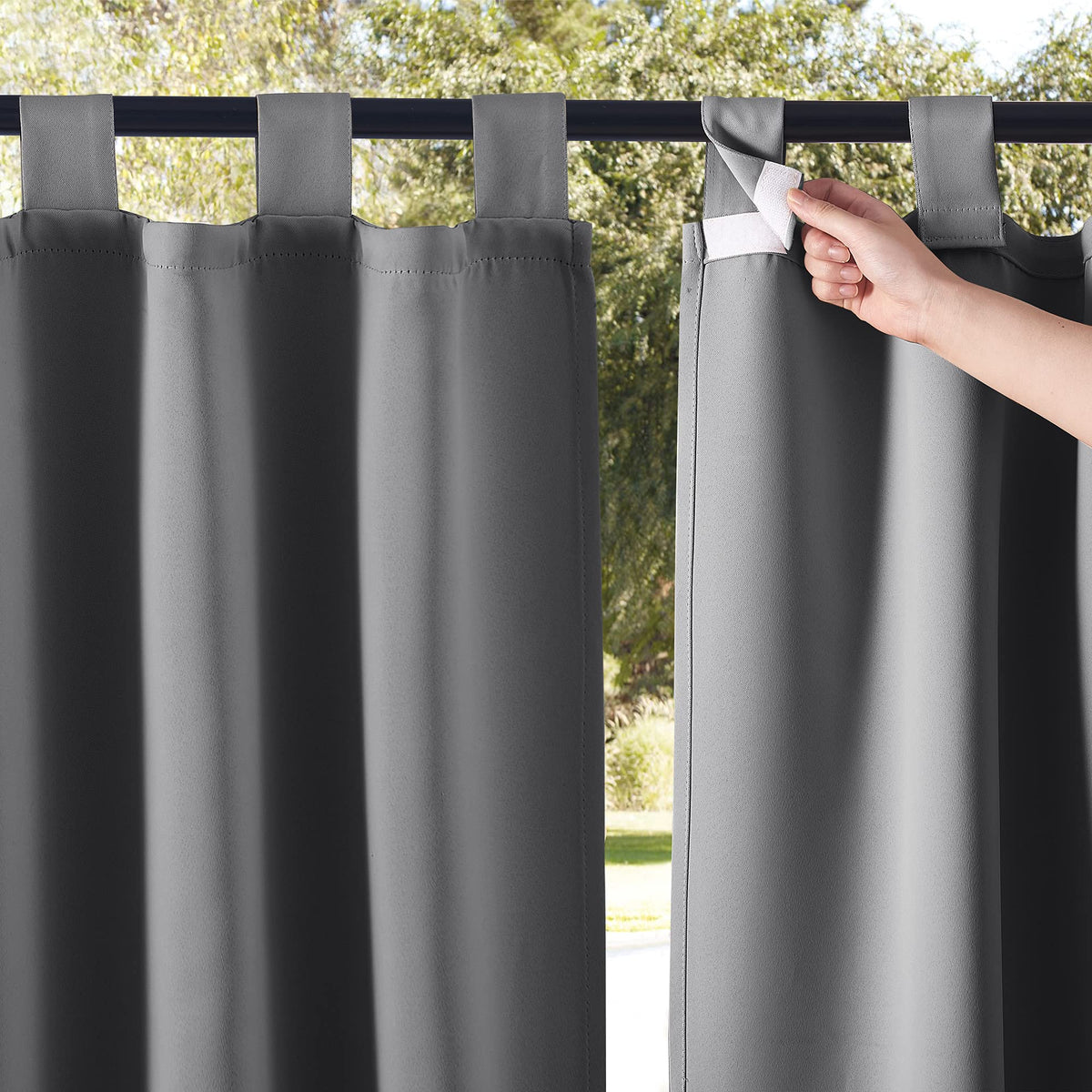 Nicetown 2 Panels Patio Curtains Outdoor Waterproof 84 Long, Detachable Sticky Tab Top Heavy Weight Blackout Sunblock Window Tre