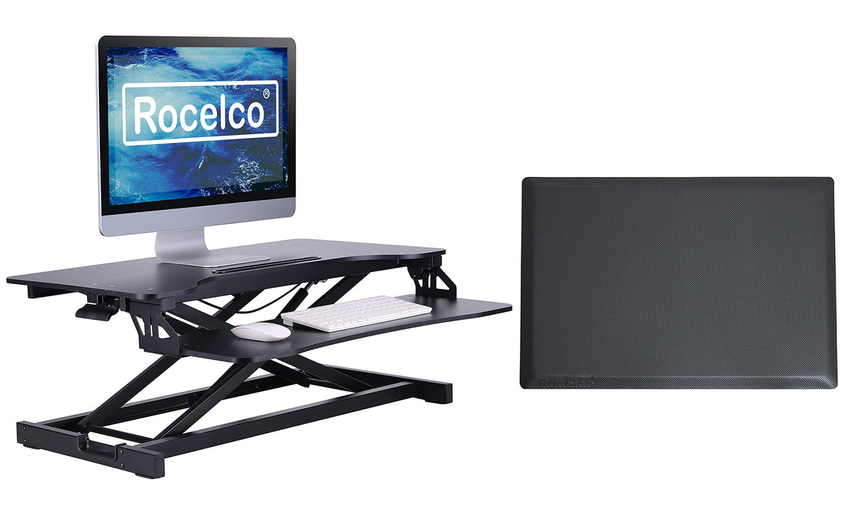 Rocelco Standing Desk Converter and Floor Mat - 31.5 Inch Sit Stand Up Dual Monitor Tabletop Riser with Tablet Mount, Height Adjustable Workstation - Deep Keyboard Tray - Black (R VADRB-MAFM)