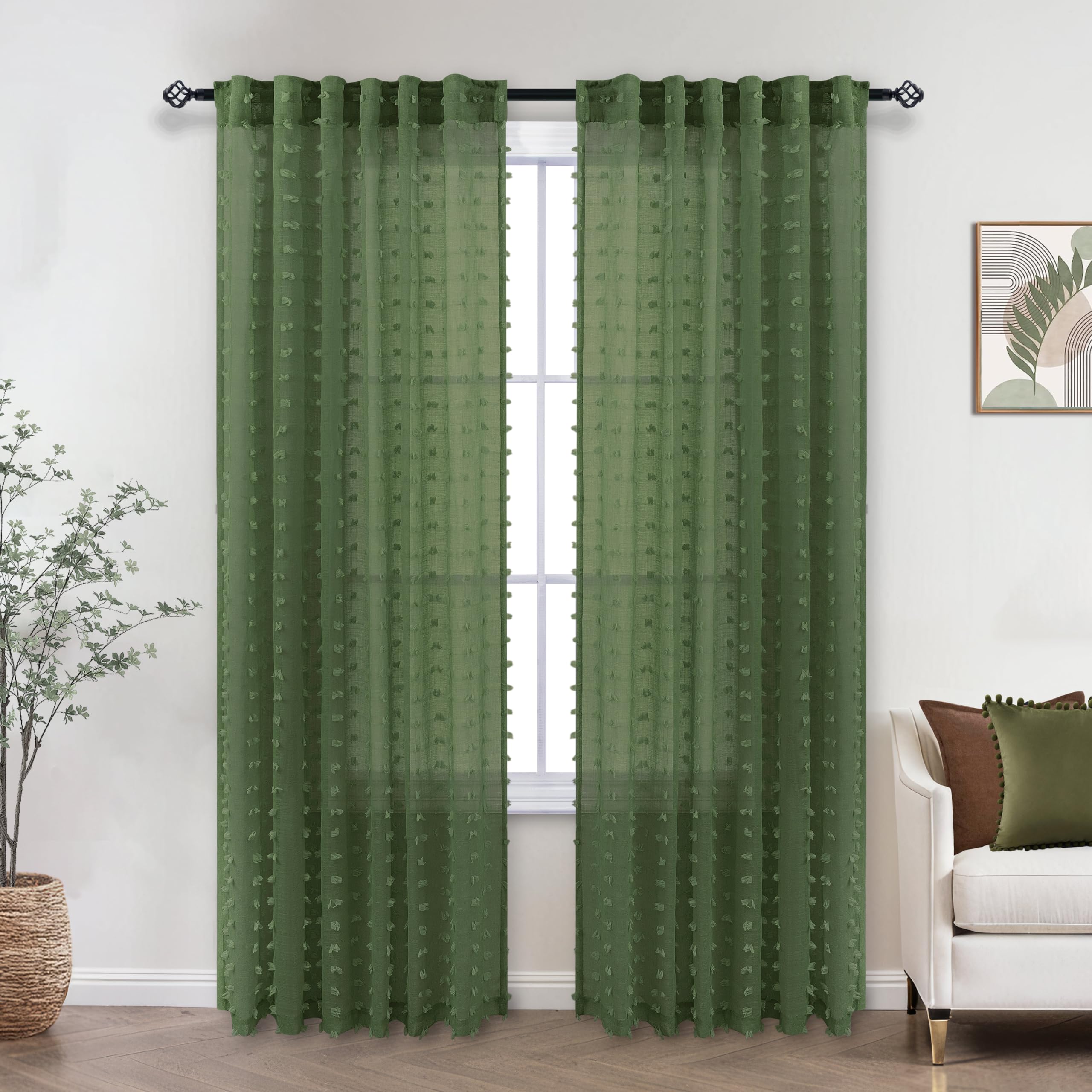 Koufall Green Curtains 96 Inches Long For Dining Room,Semi Sheer Boho Dark Olive Curtains For Nursery Boy