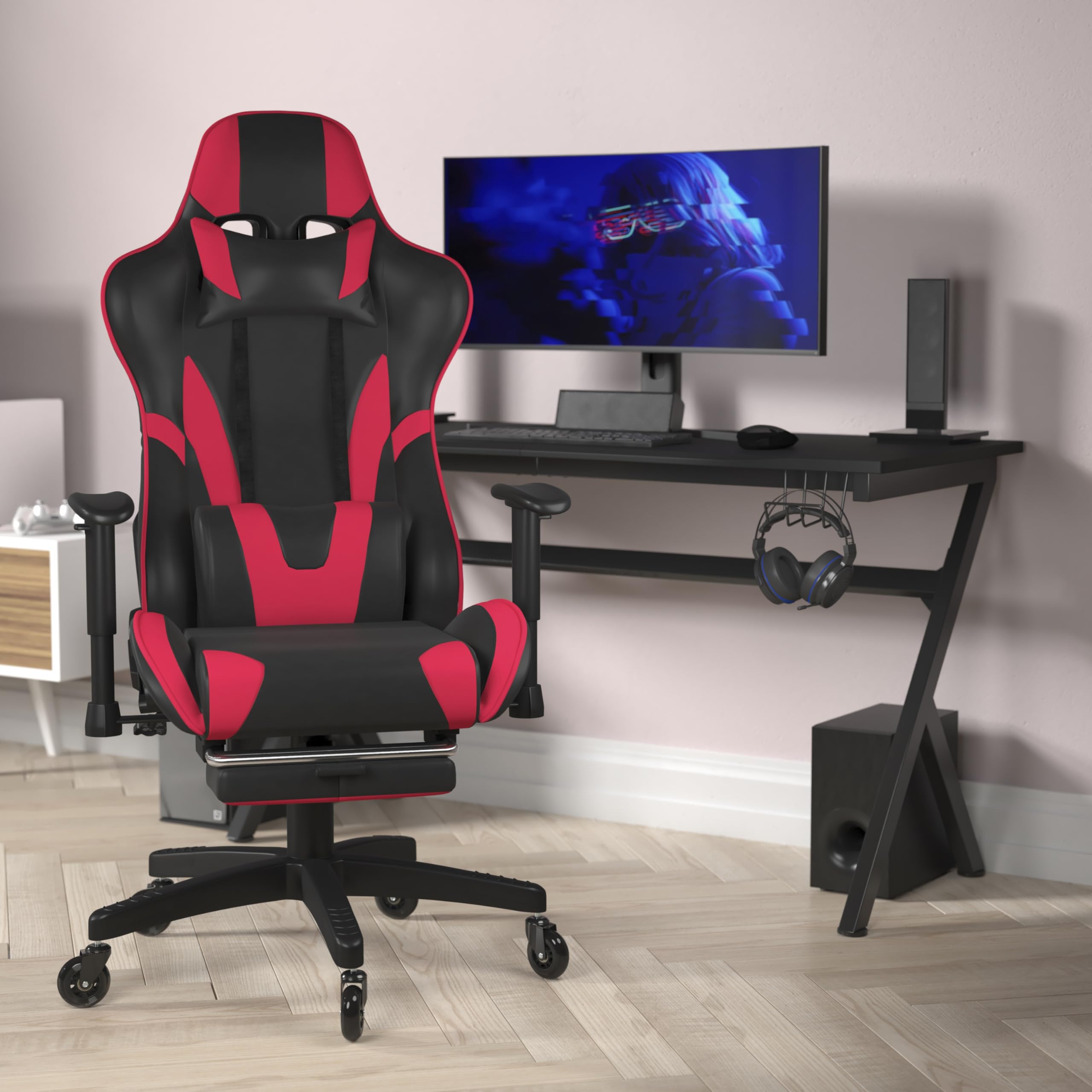 Flash Furniture X30 Gaming Chair Racing Computer Chair - Red Leathersoft Upholstery - Reclining Back - Slide-Out Footrest - Roller Wheels