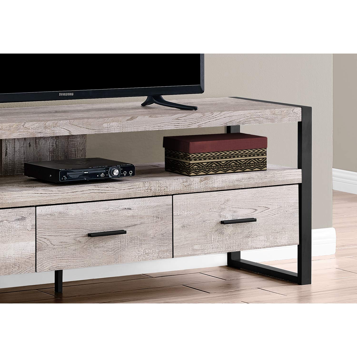 Monarch Specialties Tv Stand-Console With 3 Drawers And Shelves-Industrial Modern Style Entertainment Center With Metal Legs, 60&quot; L, Taupe Reclaimed Wood Look