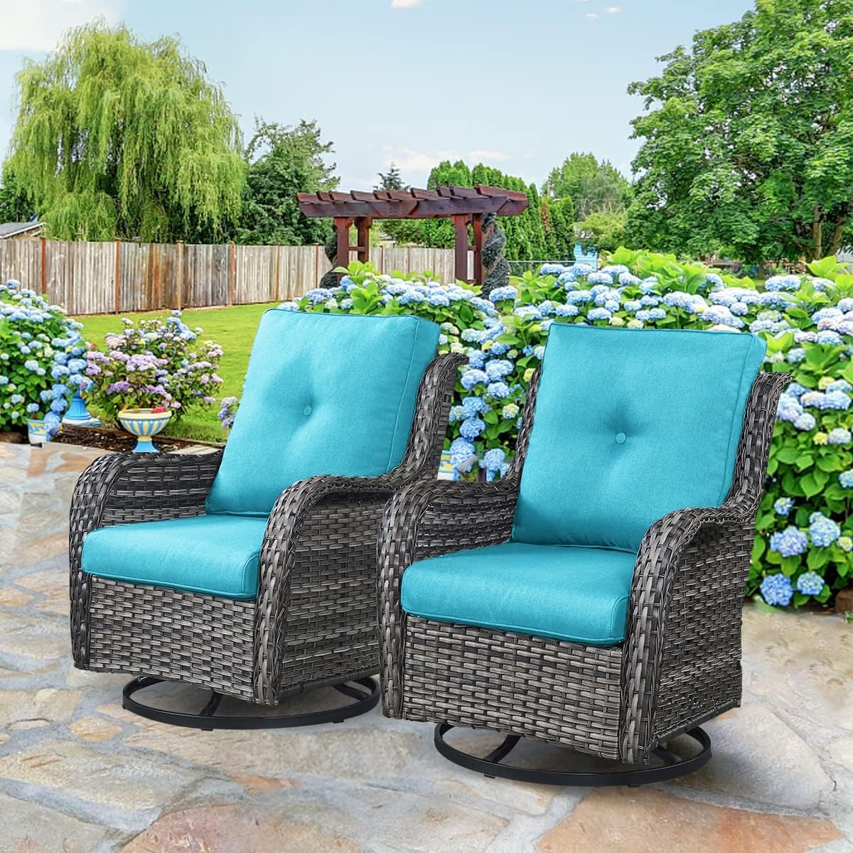 Hummuh Outdoor Swivel Rocker Wicker Patio Chairs Set Of 2, Rattan Rocking Chair Furniture Set(Grey,Blue)