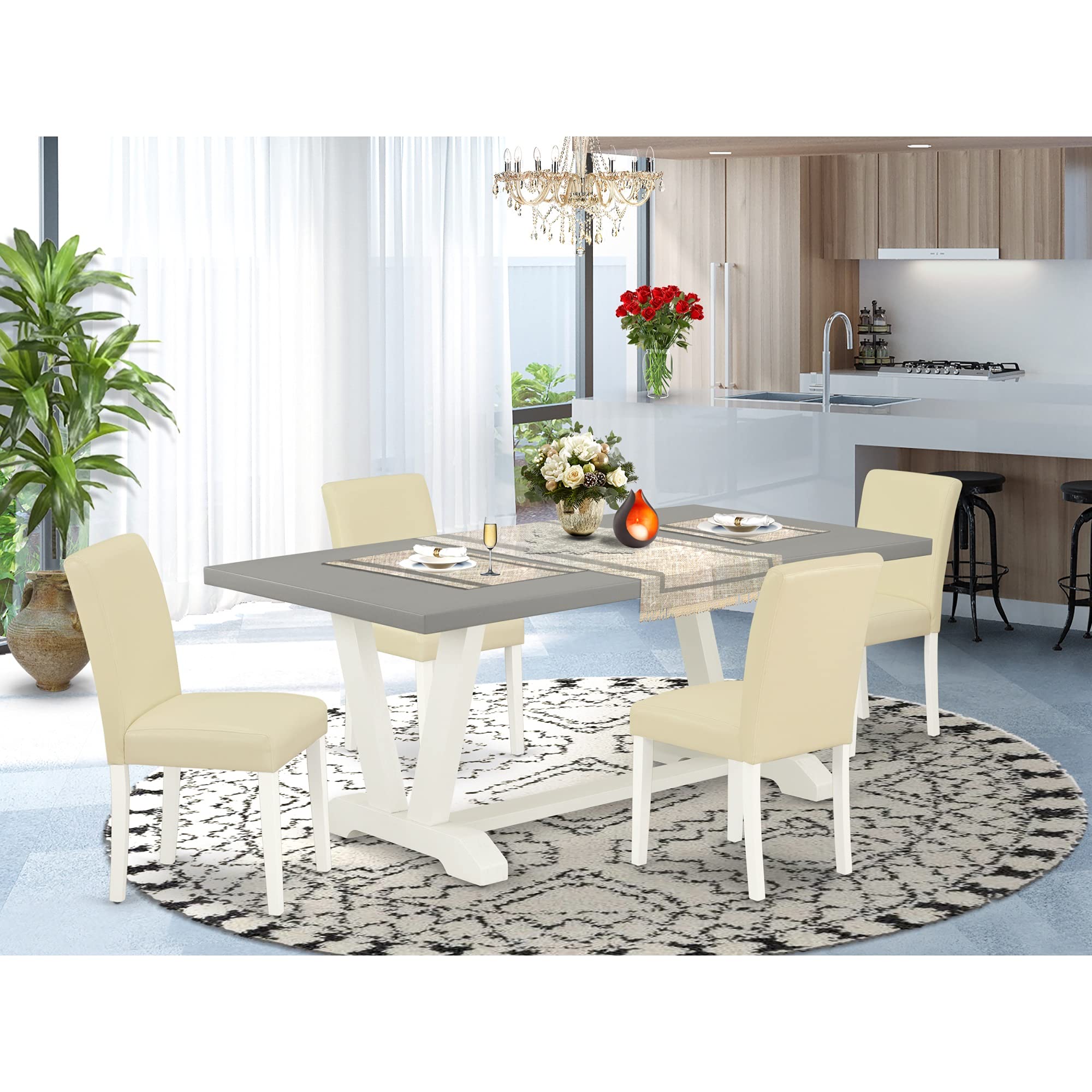 East West Furniture V-Style 5 Piece Kitchen Set Includes A Rectangle Dining Room Table With V-Legs And 4 White Faux Leather Upholstered Chairs, 40X72 Inch, Multi-Color