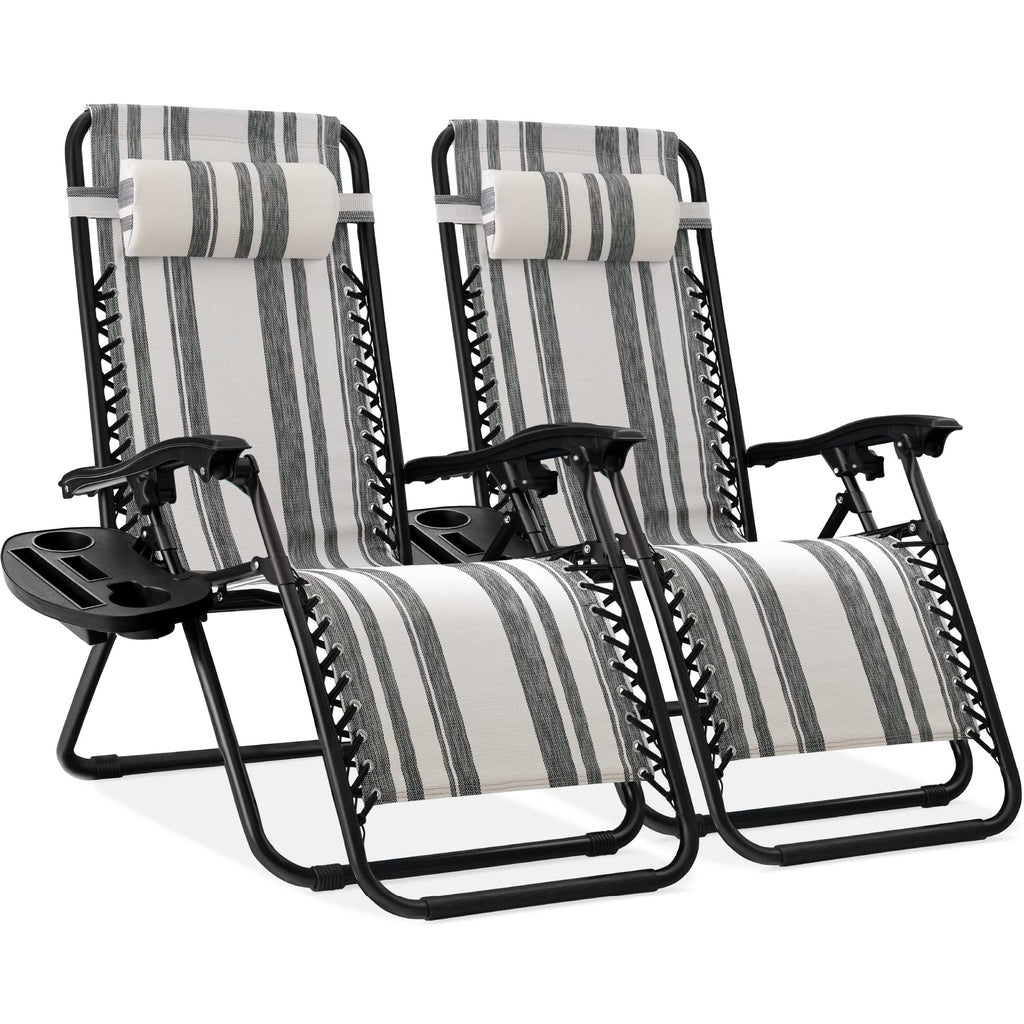 Best Choice Products Set Of 2 Adjustable Steel Mesh Zero Gravity Lounge Chair Recliners W/Pillows And Cup Holder Trays - Gray Stripes