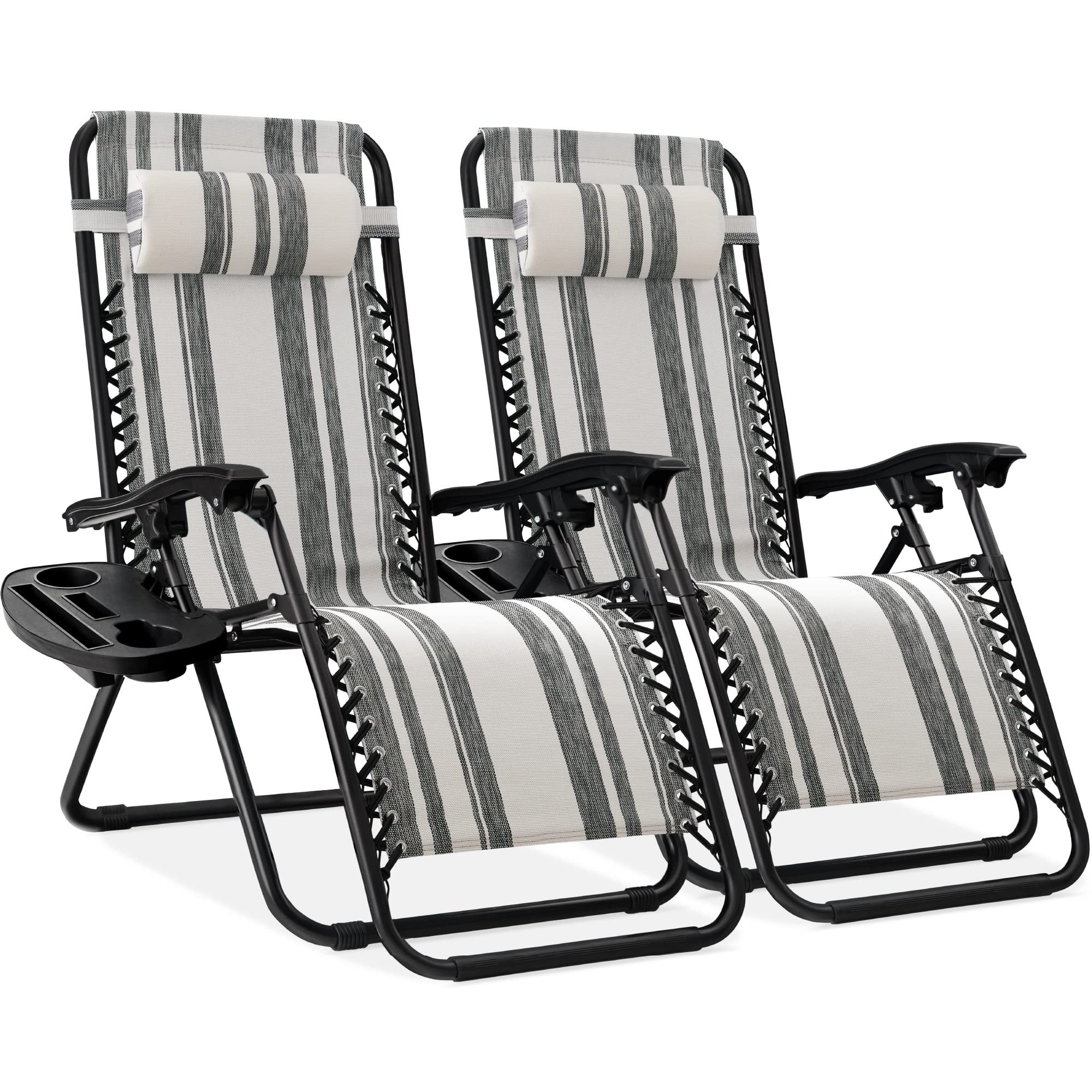 Best Choice Products Set Of 2 Adjustable Steel Mesh Zero Gravity Lounge Chair Recliners W/Pillows And Cup Holder Trays - Gray Stripes