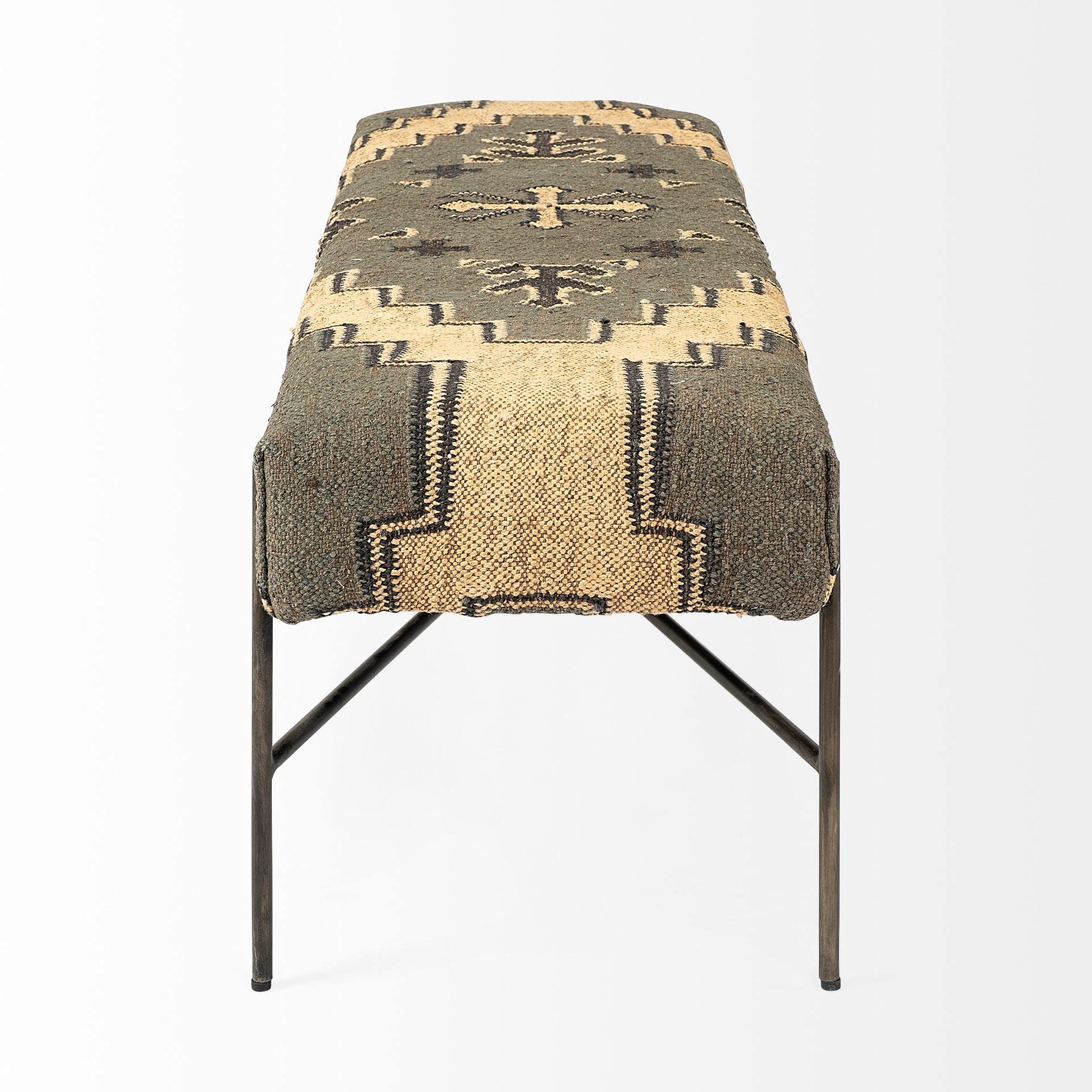 HomeRoots Black Rectangular Metal/Antiqued-Nickel Toned Base W/Upholstered Tan Pattered Seat Accent Bench