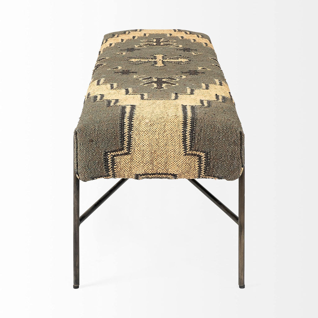 HomeRoots Black Rectangular Metal/Antiqued-Nickel Toned Base W/Upholstered Tan Pattered Seat Accent Bench