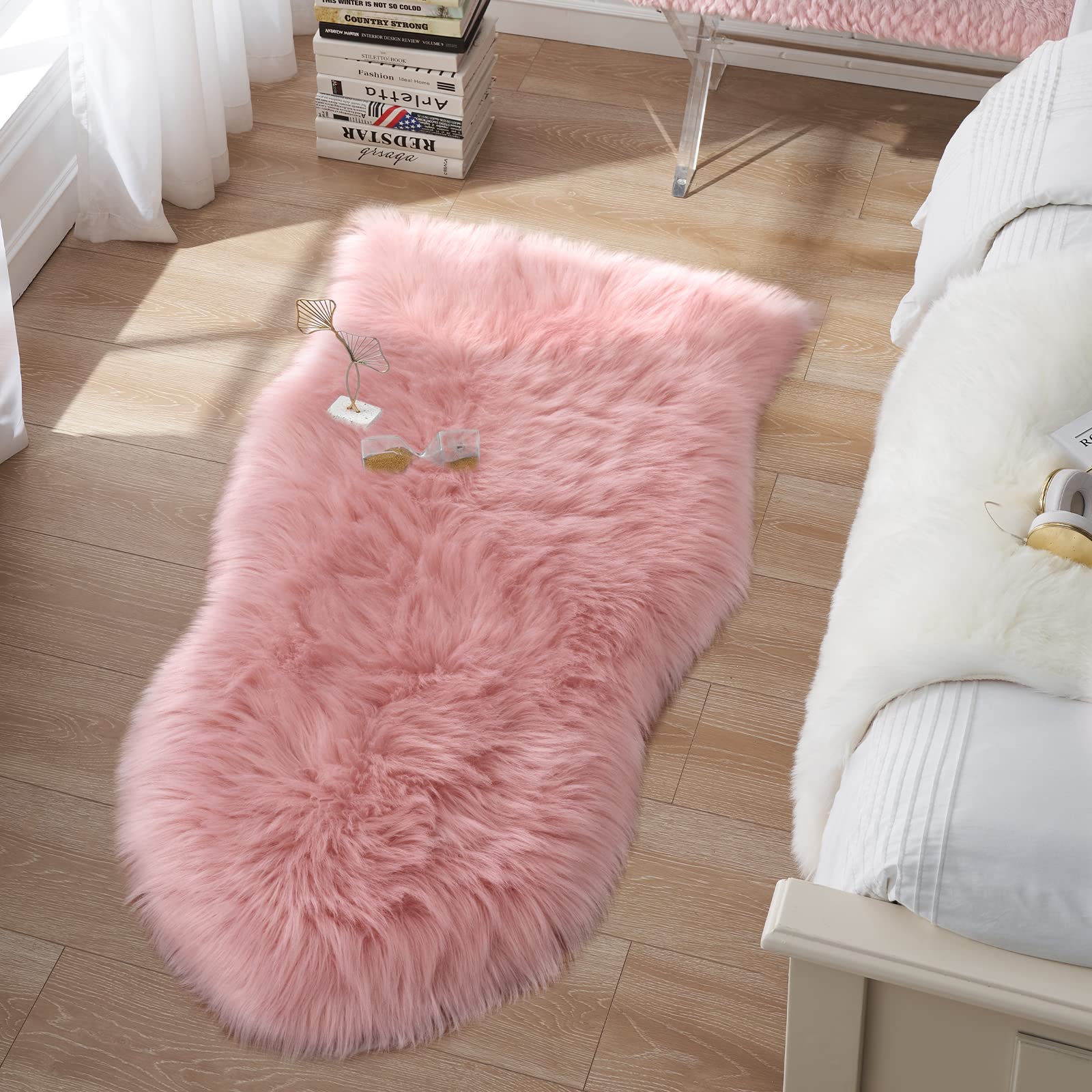 Small Faux Fur Rug, 2X4 Ft Ultra Soft Sheepskin Rug Chair Sofa Cover Seat Pad, Pink Fluffy Shag Rug For Bedroom Nursery Kids Roo