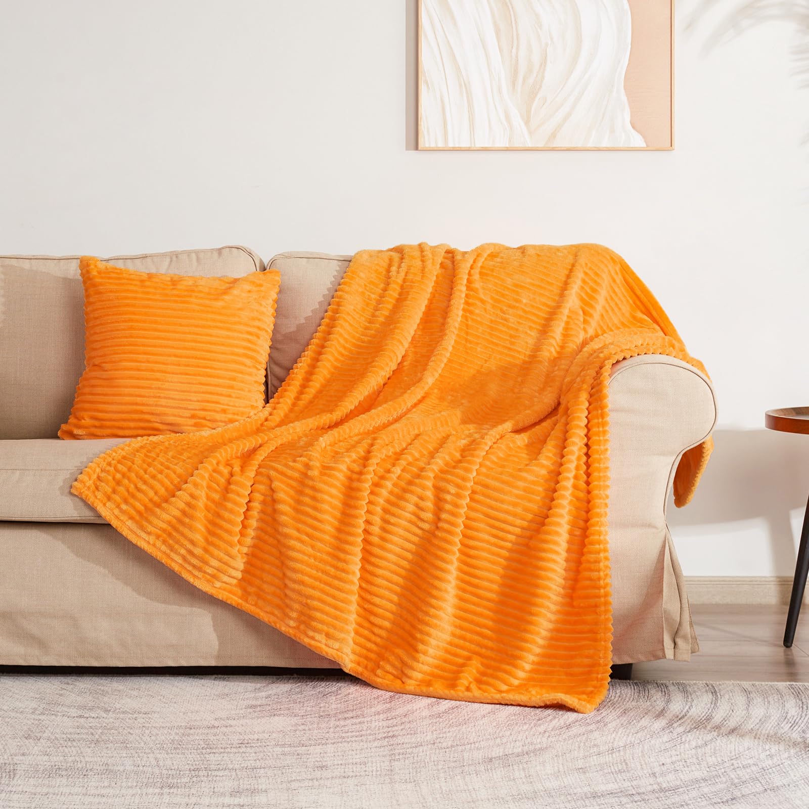 Vessia Flannel Fleece Orange Throw Blanket(50X71 Inch) For Couch With Pillow Cover(18*18 Inch), Stripe Pattern Blanket Throw, Wa