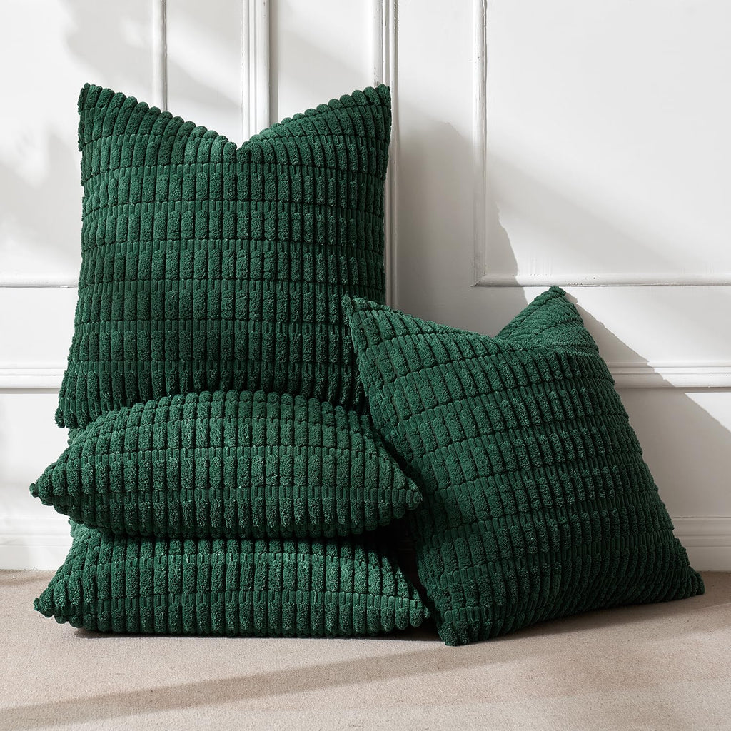 Miulee Pack Of 4 Dark Green Corduroy Decorative Throw Pillow Covers 18X18 Inch Soft Boho Striped Pillow Covers Modern Farmhouse Home Decor For Sofa Living Room Couch Bed