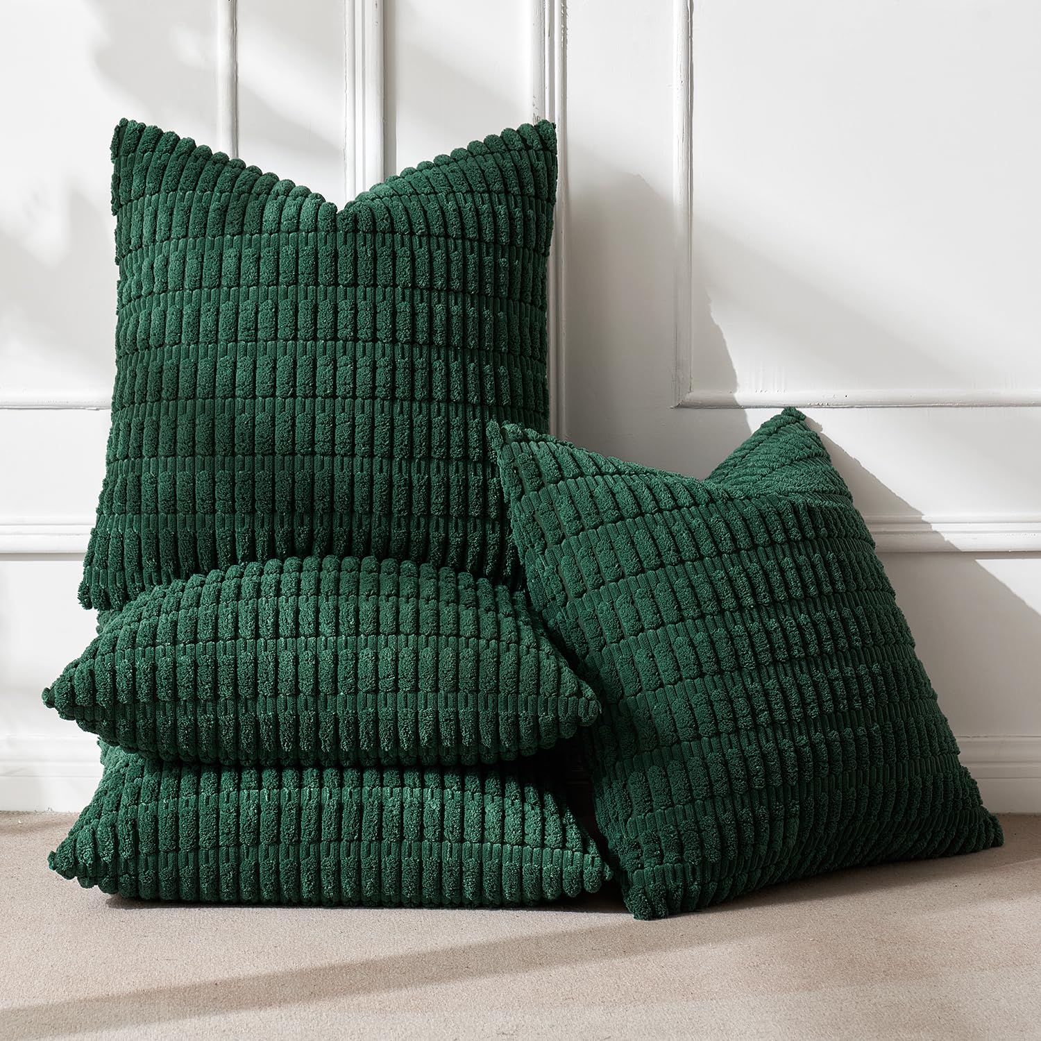 Miulee Pack Of 4 Dark Green Corduroy Decorative Throw Pillow Covers 18X18 Inch Soft Boho Striped Pillow Covers Modern Farmhouse Home Decor For Sofa Living Room Couch Bed