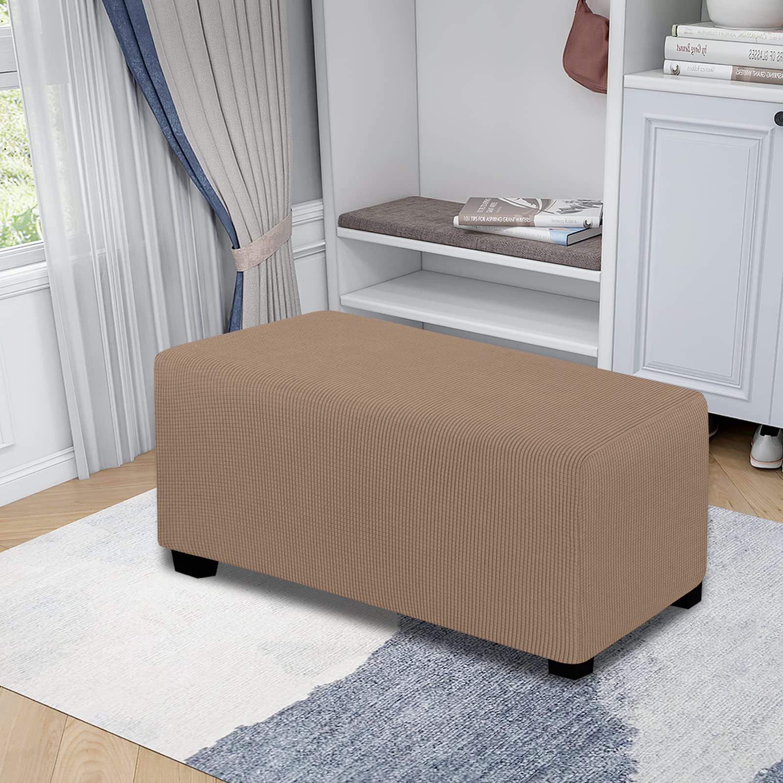Easy-Going Stretch Ottoman Cover Folding Storage Stool Furniture Protector Soft Rectangle Slipcover With Elastic Bottom (Large, Camel)
